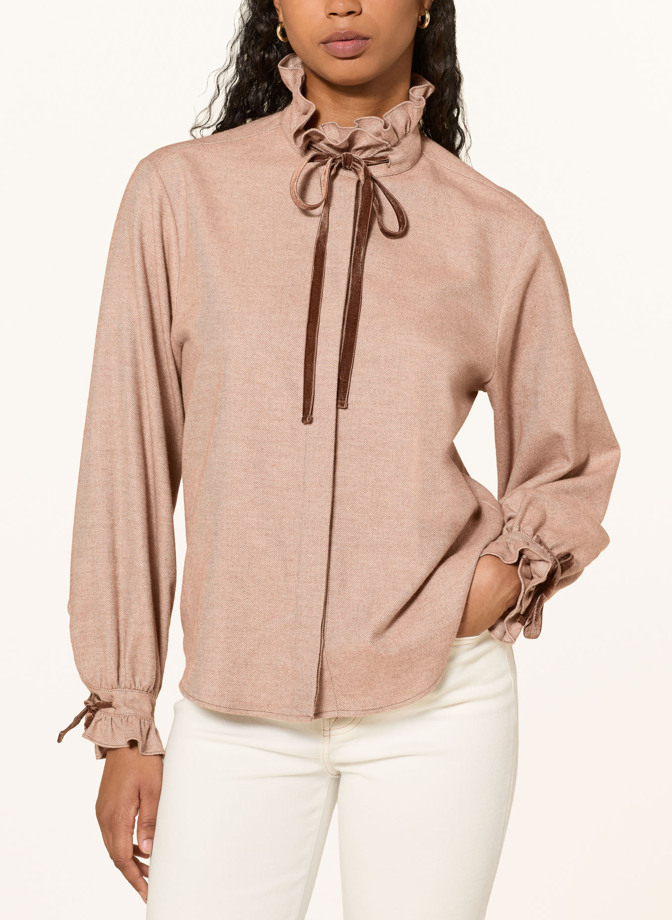 van Laack Flanellen blouse VL-AZITEA-KOSVP met ruches: BEIGE / COGNAC