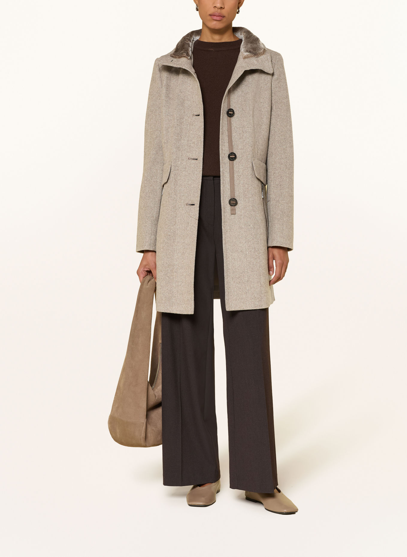 GIL BRET Wool coat with faux fur: BEIGE / ECRU / TAUPE
