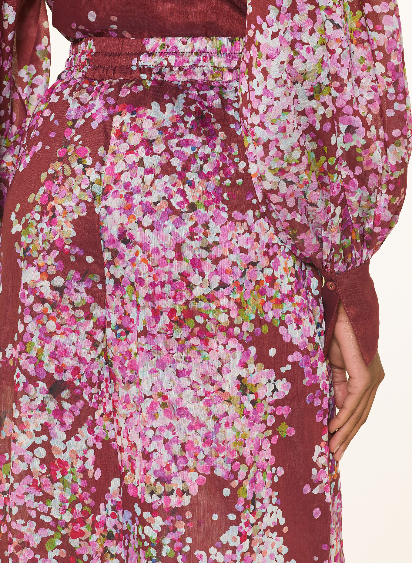 Aje. Hose ADINA mit Leinen: DUNKELROT / CREME / PINK