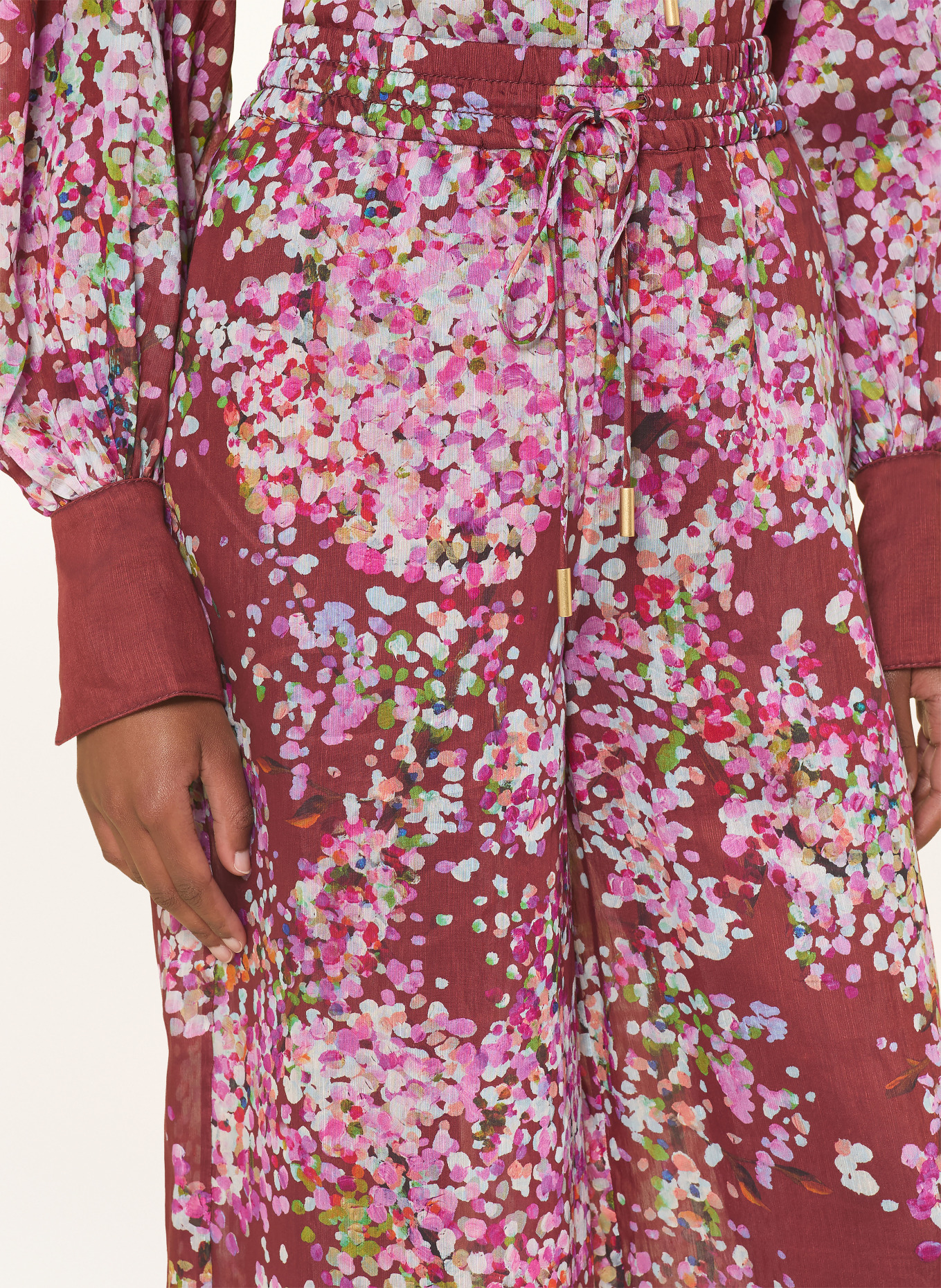 Aje. Hose ADINA mit Leinen: DUNKELROT / CREME / PINK