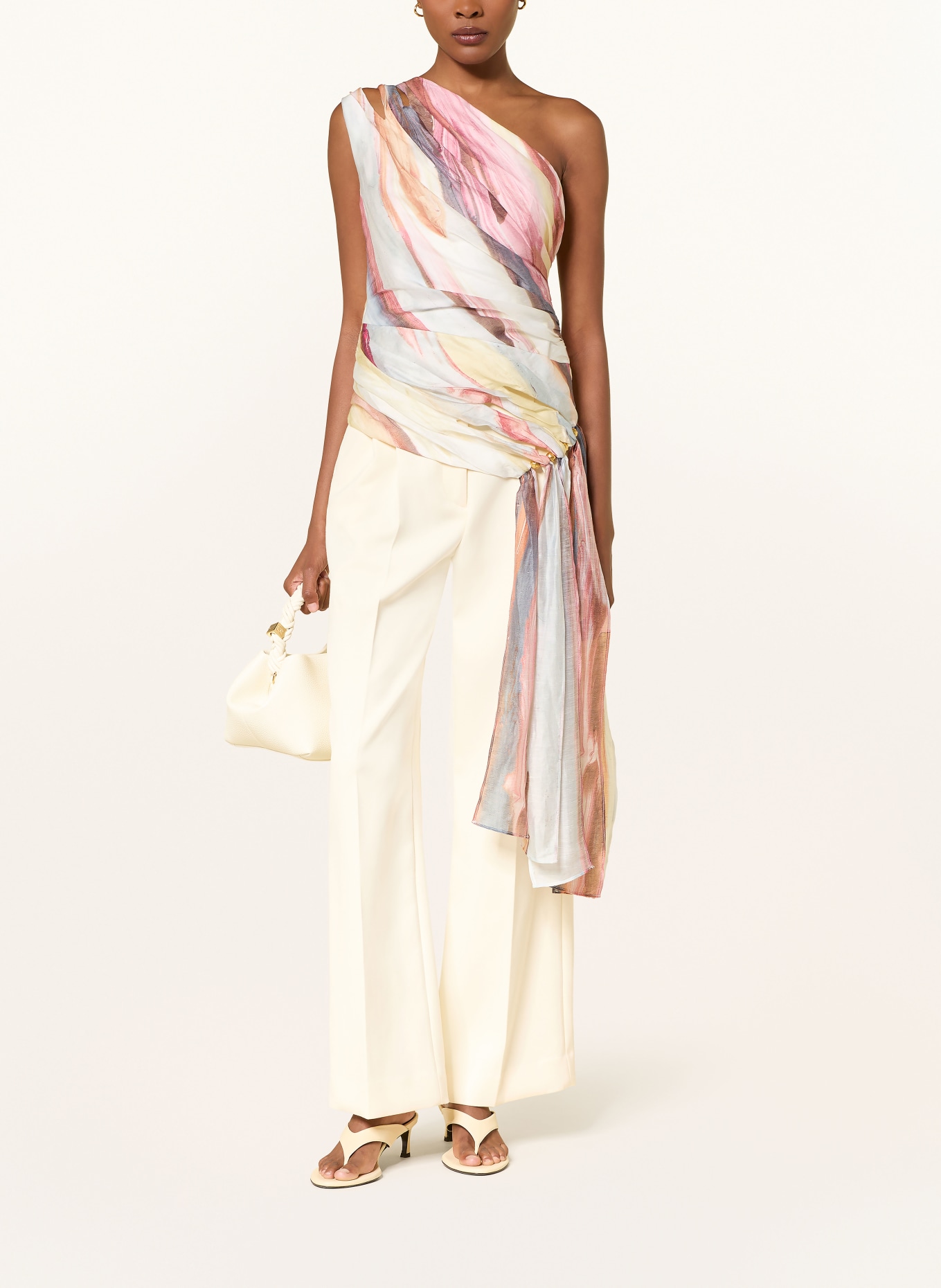 Aje. CAPTURE one-shoulder top with decorative beads: PINK / ECRU / LIGHT BLUE