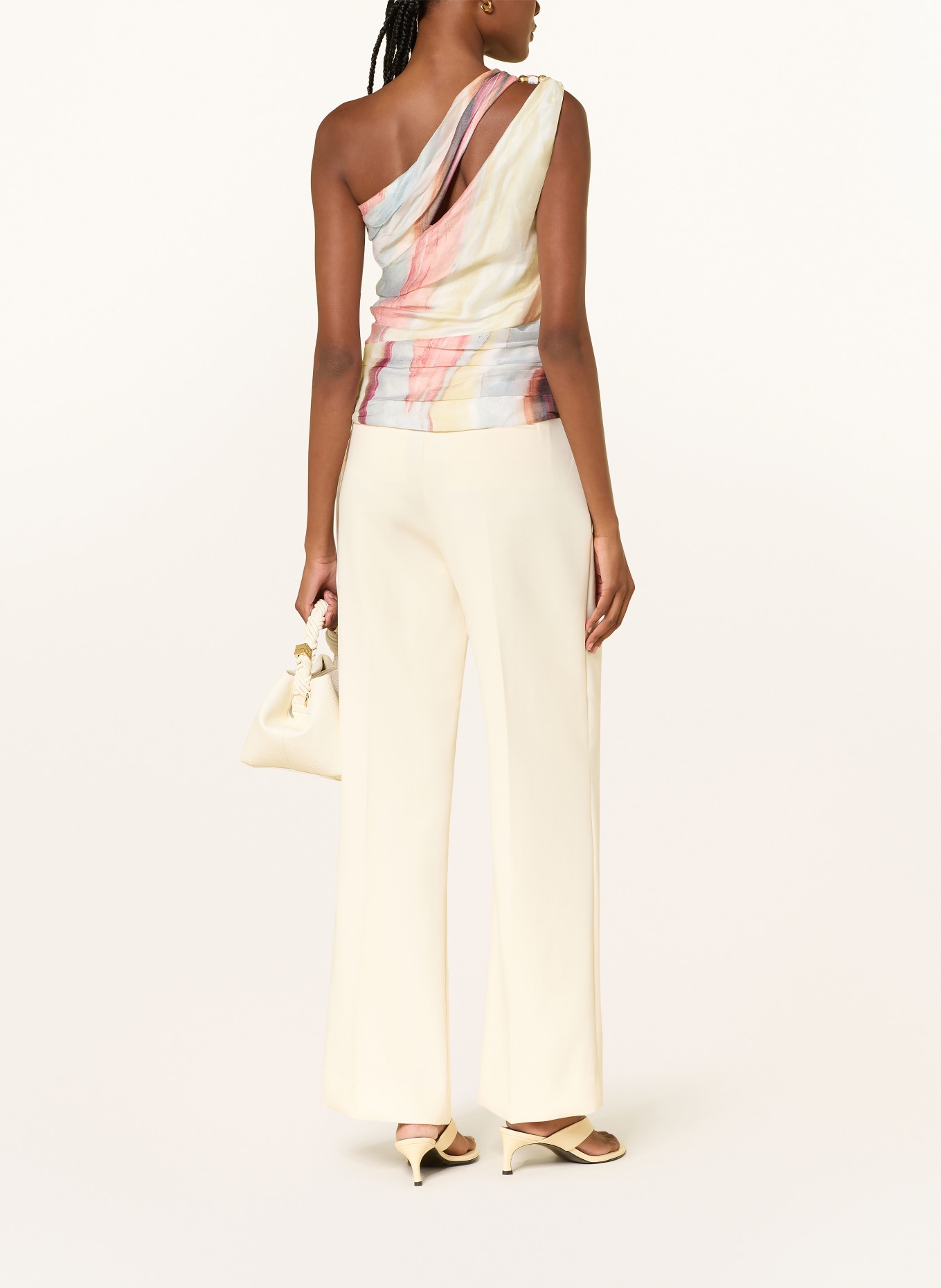 Aje. CAPTURE one-shoulder top with decorative beads: PINK / ECRU / LIGHT BLUE