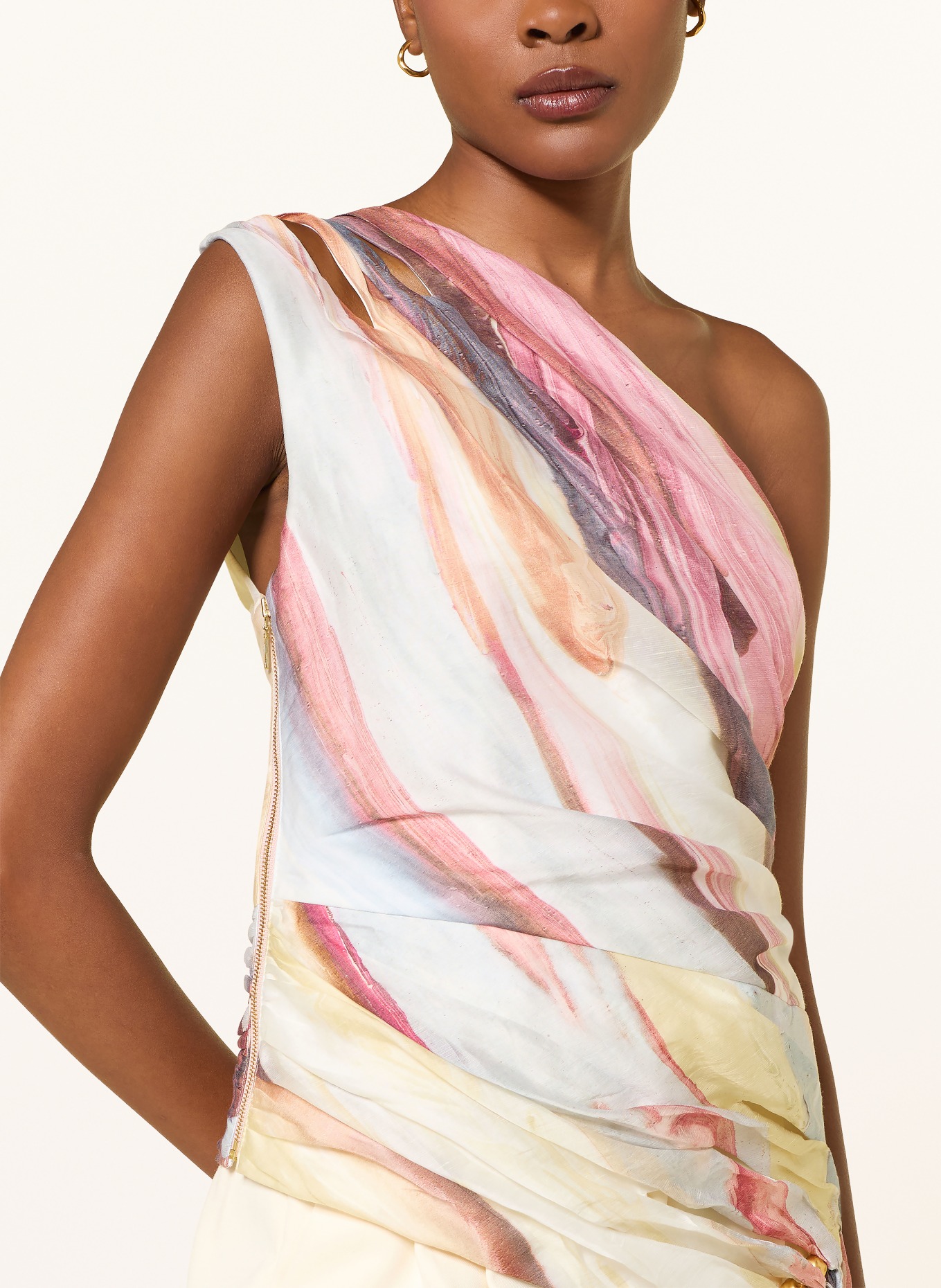 Aje. CAPTURE one-shoulder top with decorative beads: PINK / ECRU / LIGHT BLUE