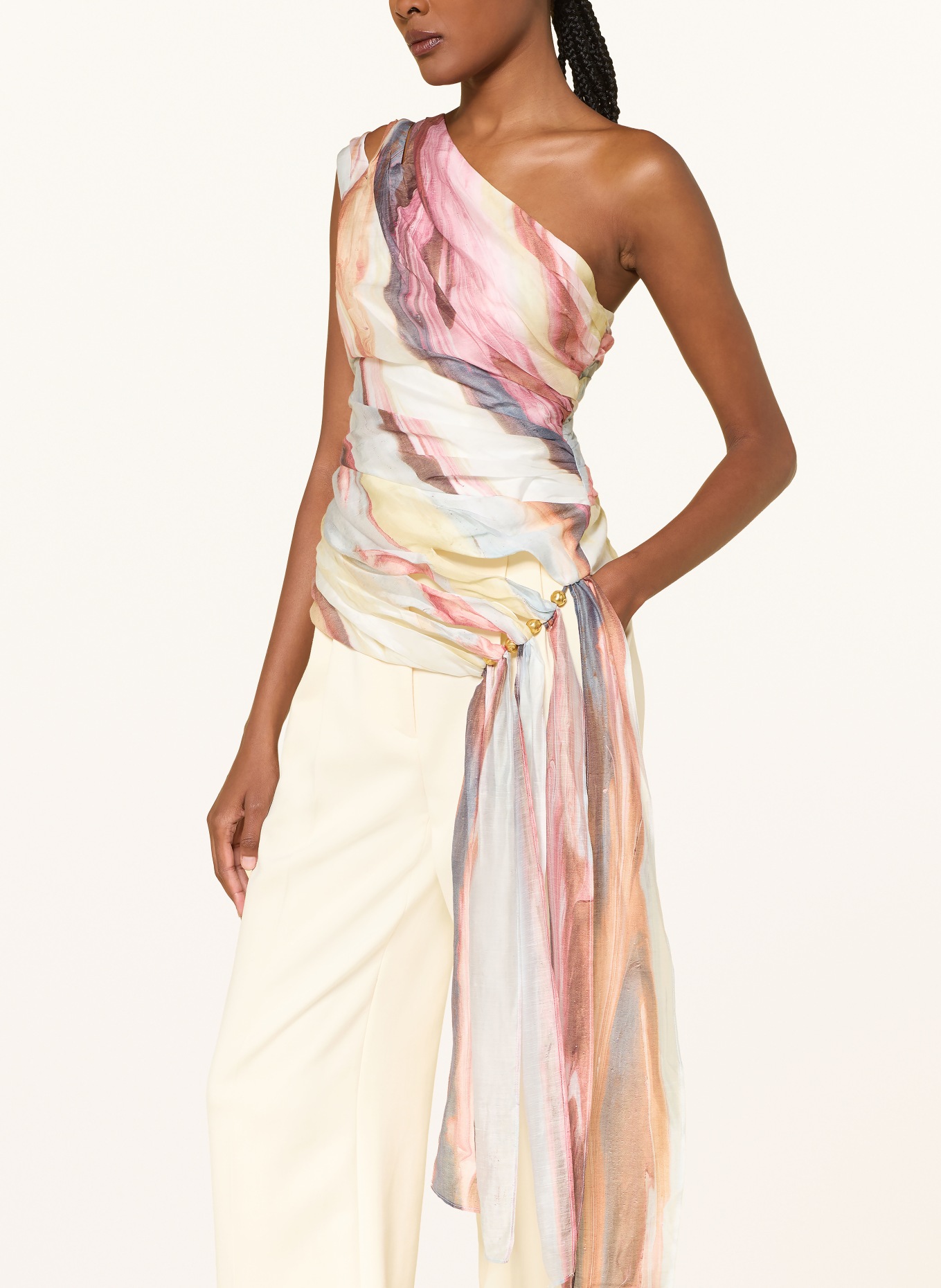 Aje. CAPTURE one-shoulder top with decorative beads: PINK / ECRU / LIGHT BLUE