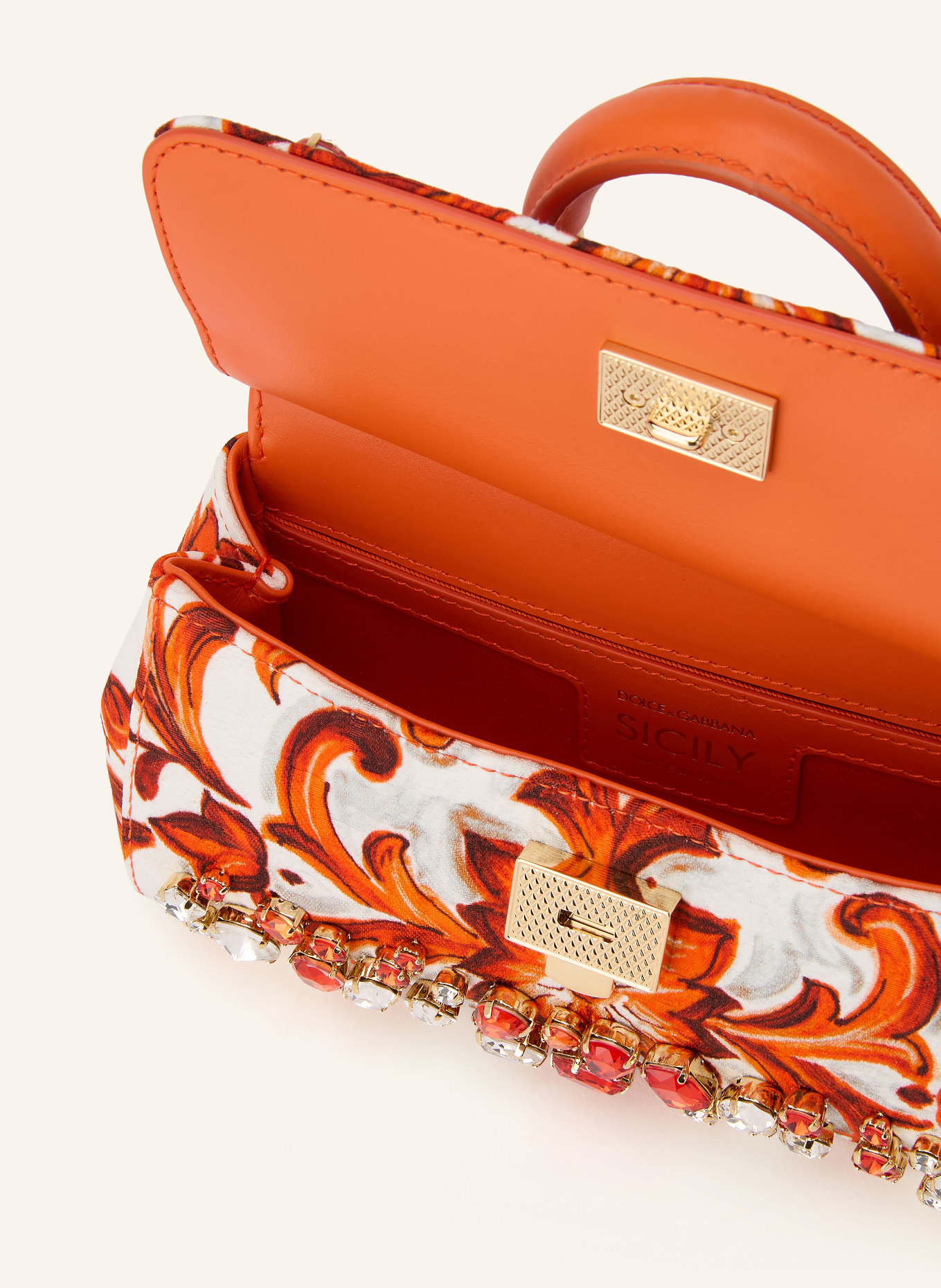 DOLCE & GABBANA Geantă de mână SICILY MINI cu pietre decorative: ALB / ARGINT / PORTOCALIU