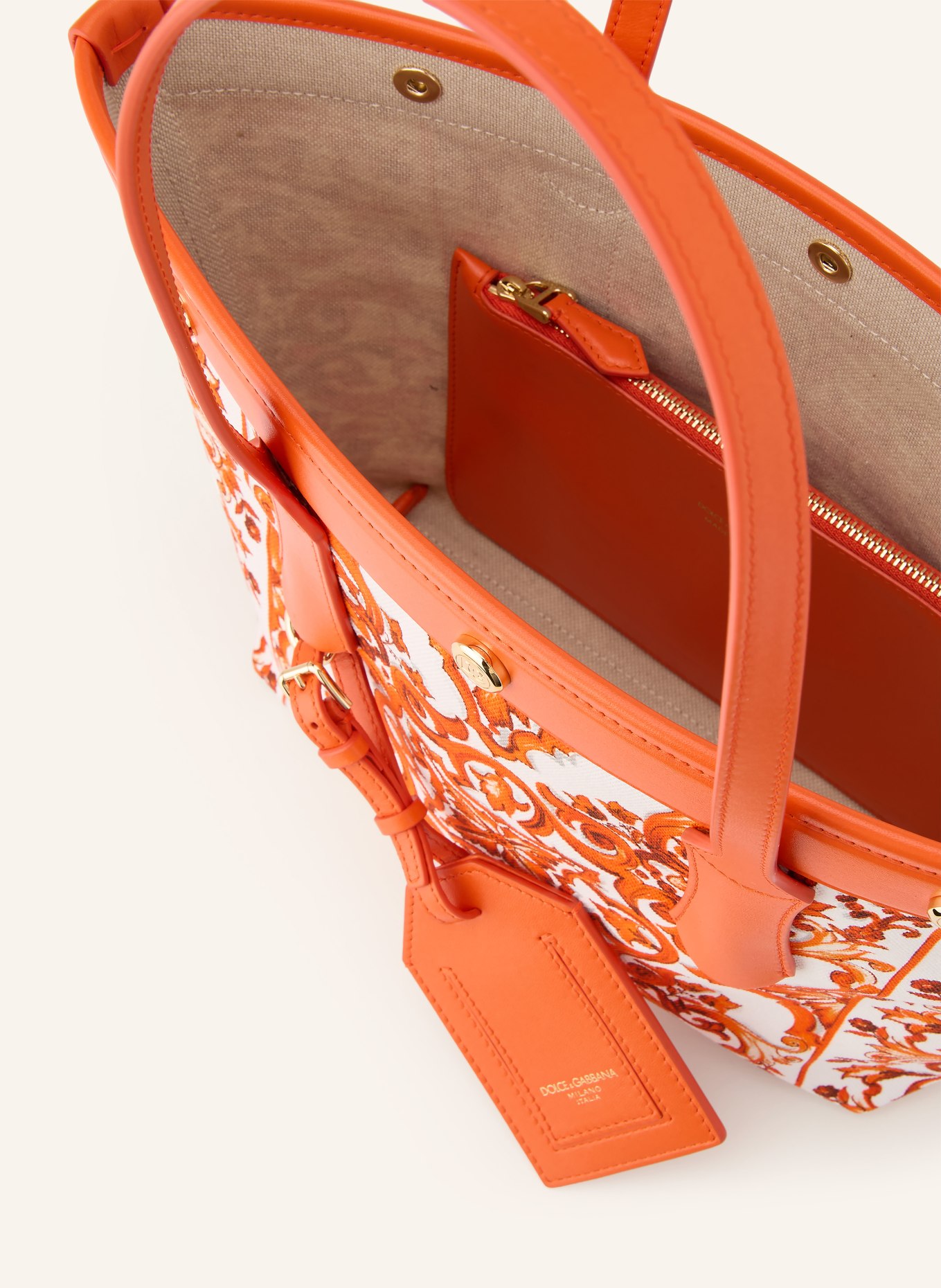 DOLCE & GABBANA ATENE Shopper with Pouch: ORANGE / ECRU
