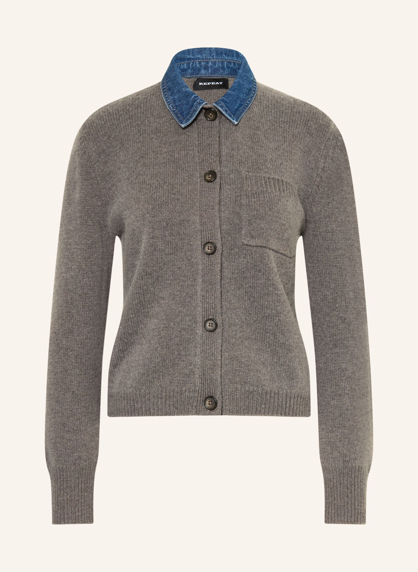 REPEAT Strickjacke mit Cashmere und abnehmbarem Kragen: GRAU / BLAU