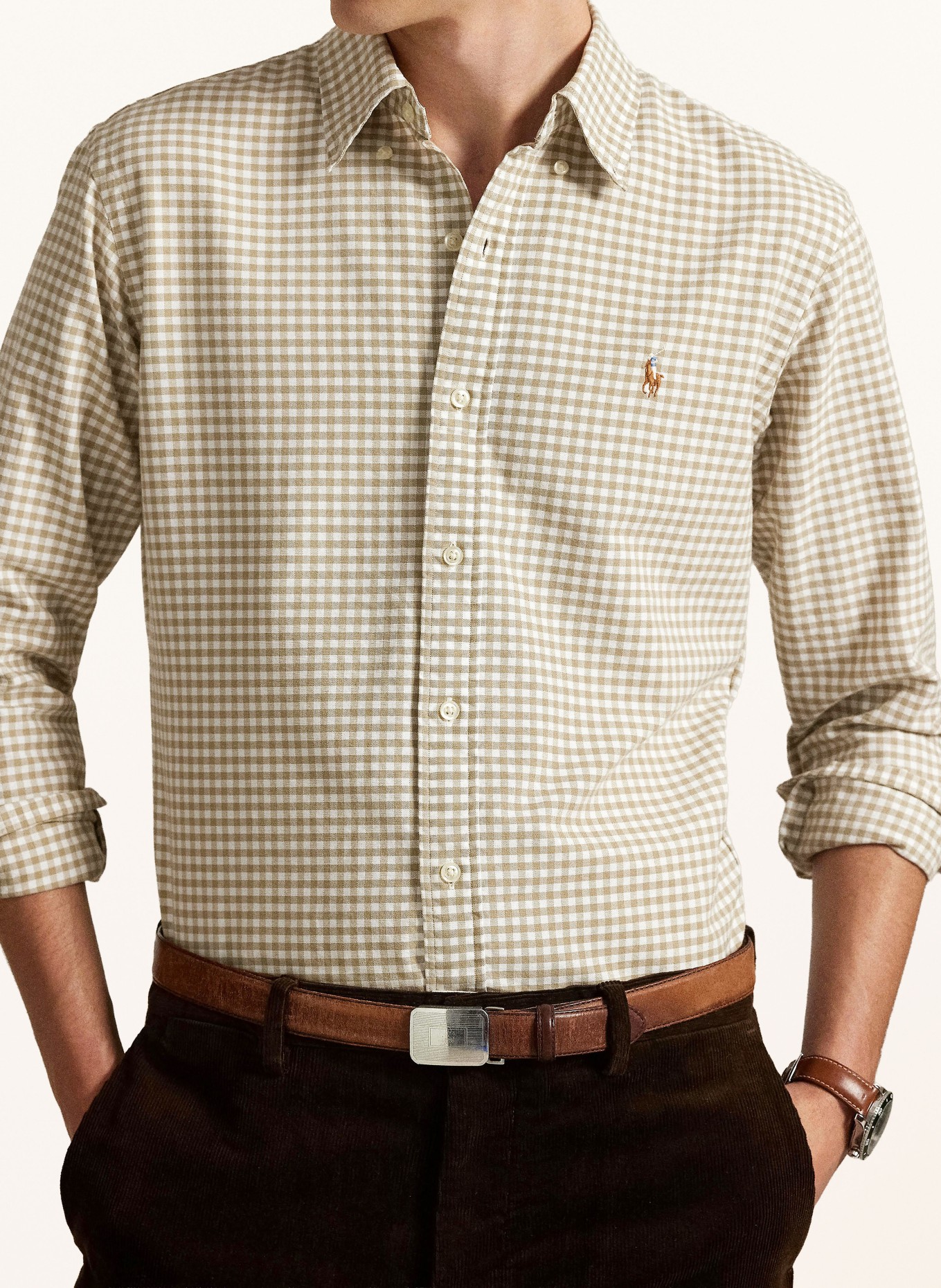 POLO RALPH LAUREN Košile Custom Fit: BÉŽOVÁ / BÍLÁ