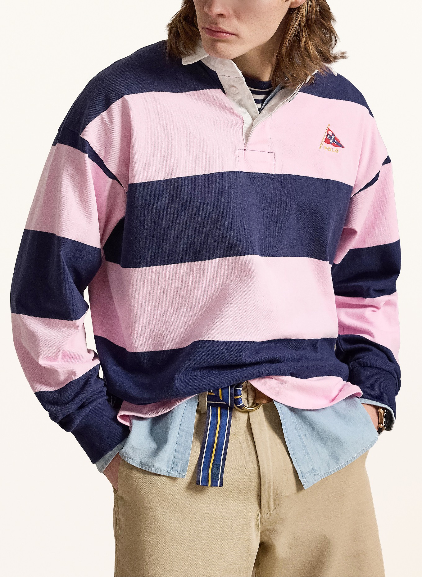 POLO RALPH LAUREN Polo de rugby coupe classique: ROSE / BLEU FONCÉ / BLANC
