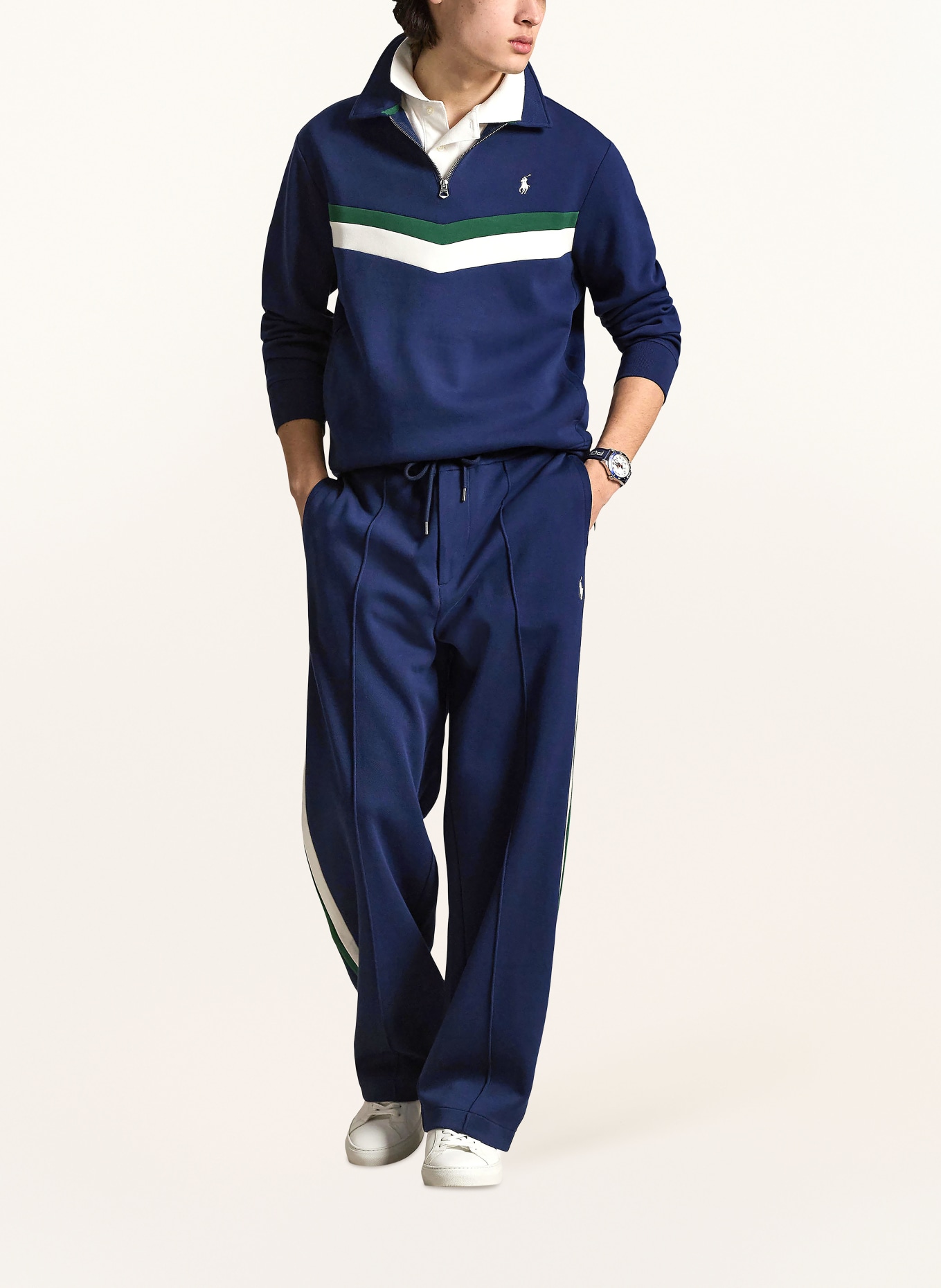 POLO RALPH LAUREN Kalhoty ve stylu joggingových kalhot s pruhy: TMAVĚ MODRÁ / ZELENÁ / BÍLÁ