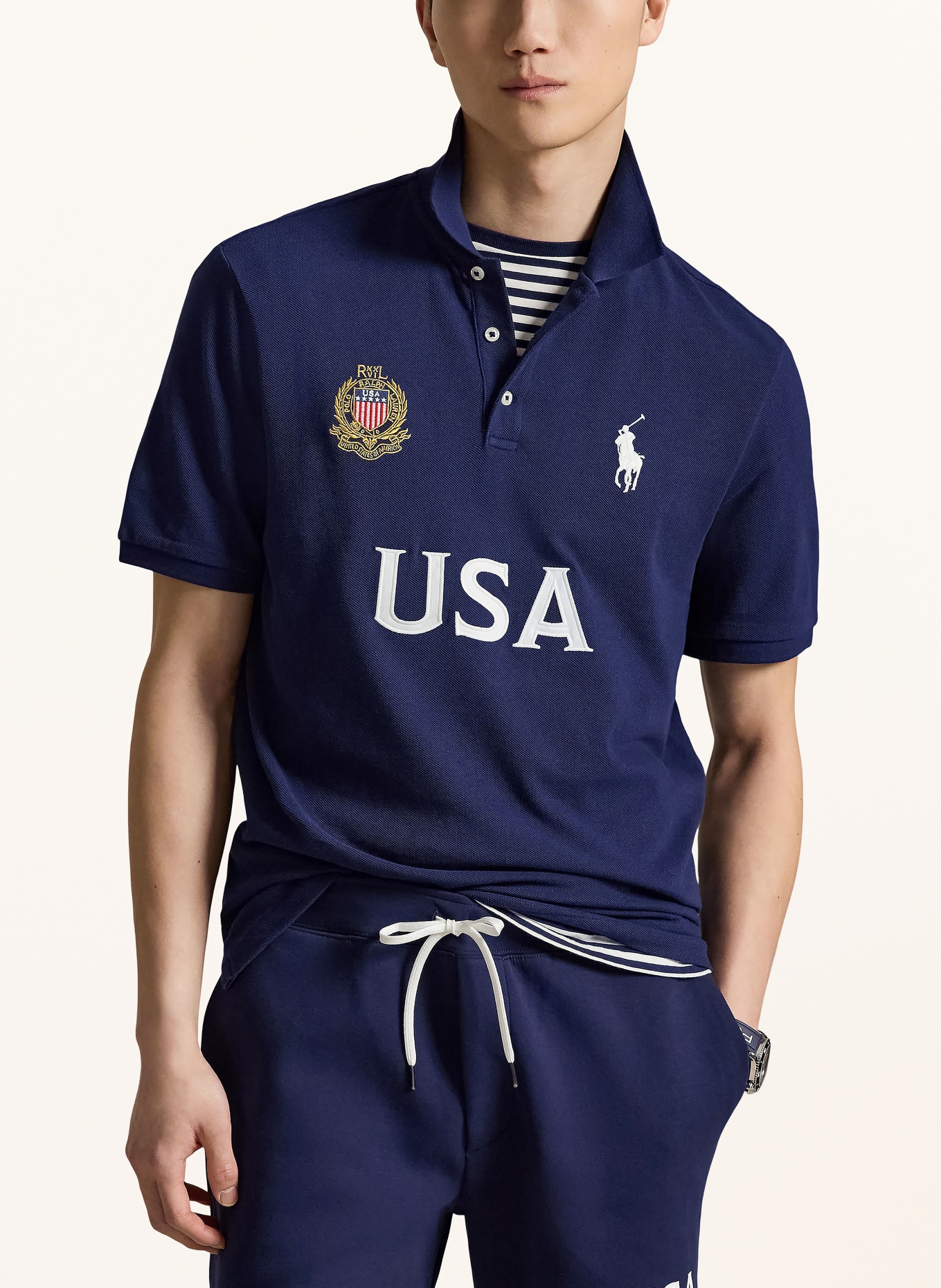 POLO RALPH LAUREN Classic Fit Piqué Polo Shirt: DARK BLUE / WHITE