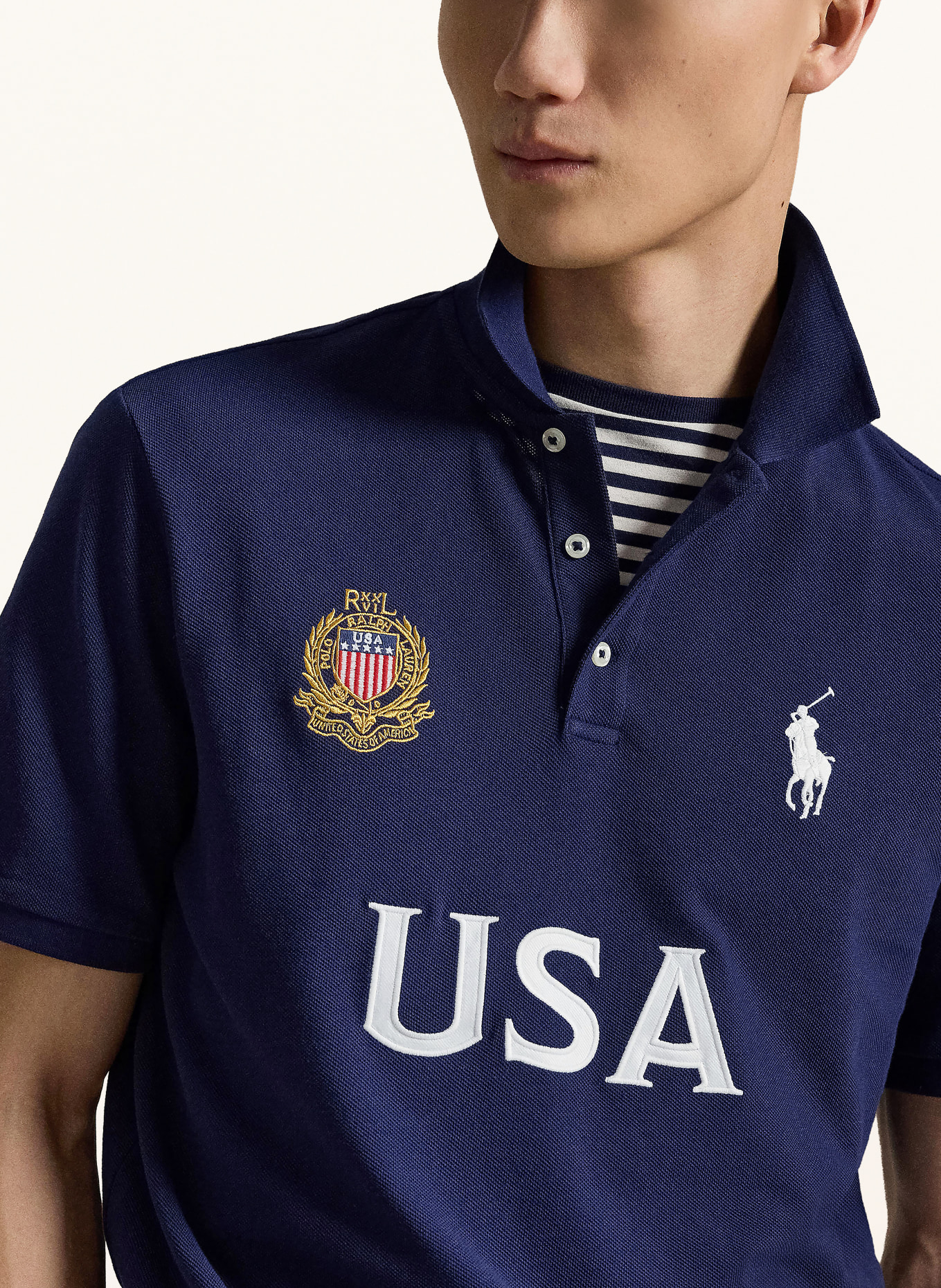 POLO RALPH LAUREN Classic Fit Piqué Polo Shirt: DARK BLUE / WHITE