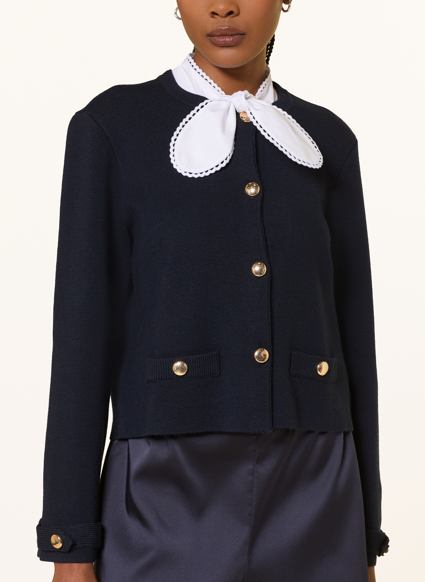 maje Strickjacke mit abnehmbarer Schluppe: DUNKELBLAU / WEISS
