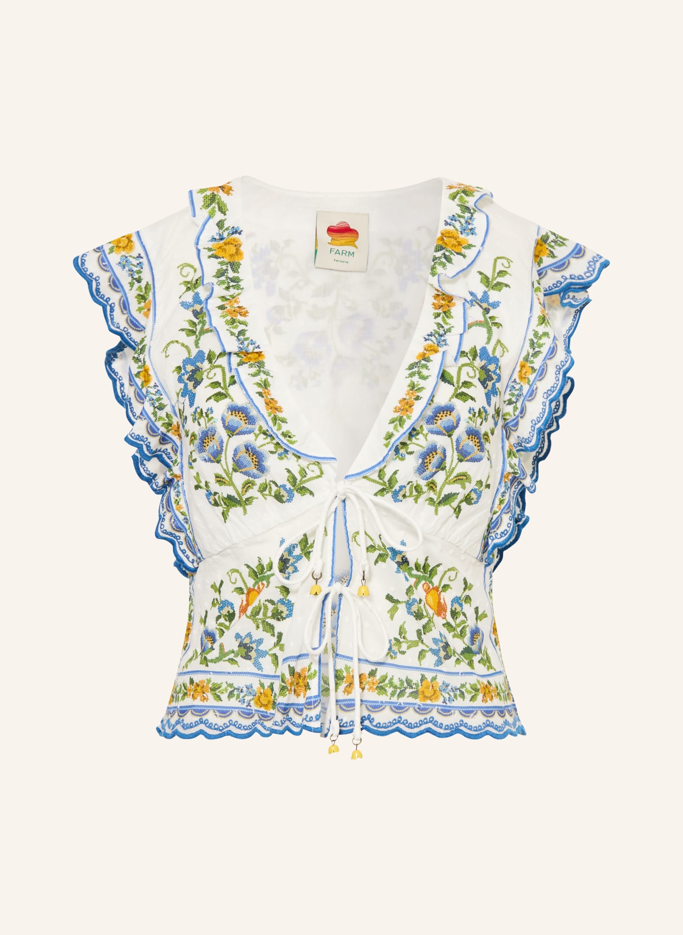 FARM RIO Blouse top with ruffles: WHITE / YELLOW / BLUE