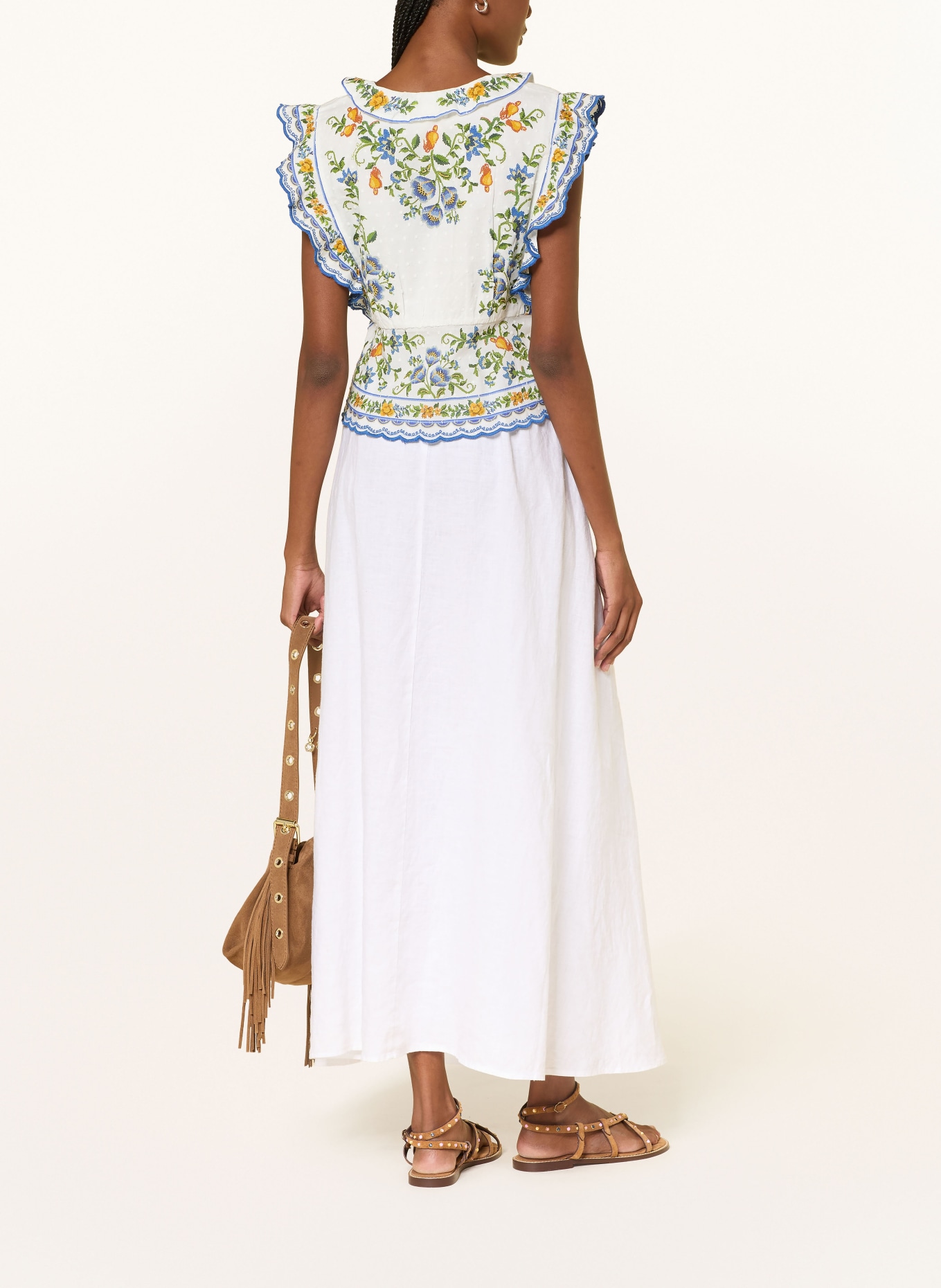 FARM RIO Blouse top with ruffles: WHITE / YELLOW / BLUE