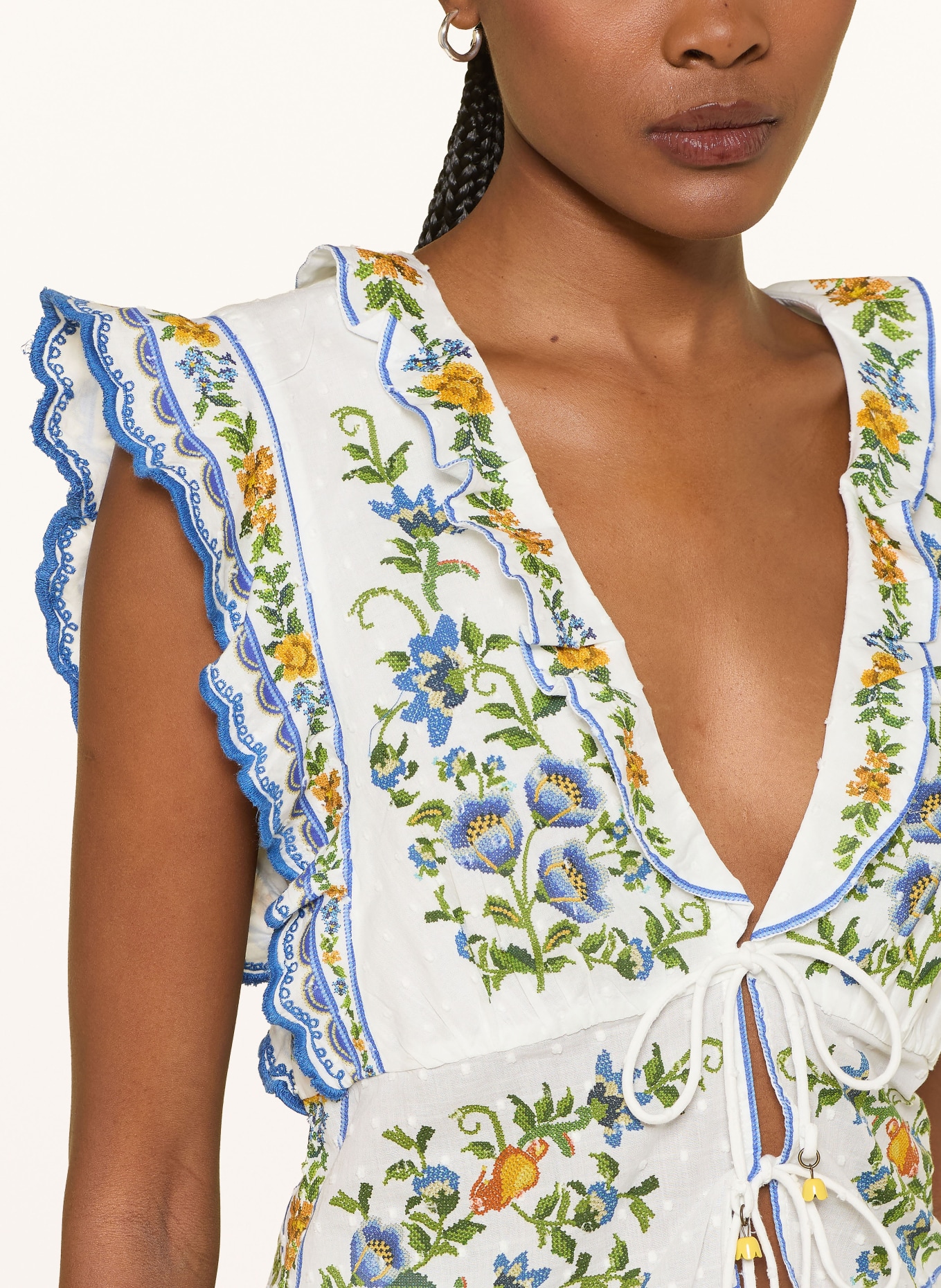 FARM RIO Blouse top with ruffles: WHITE / YELLOW / BLUE