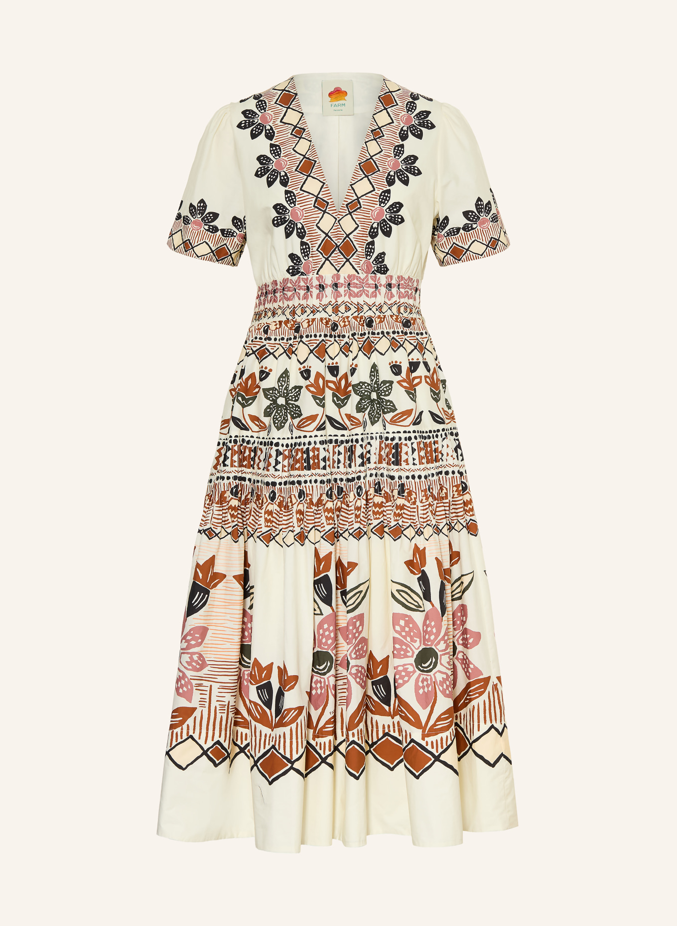 FARM RIO Robe AINIKA RUSTIC FLOWERS: ÉCRU / COGNAC / GROEN