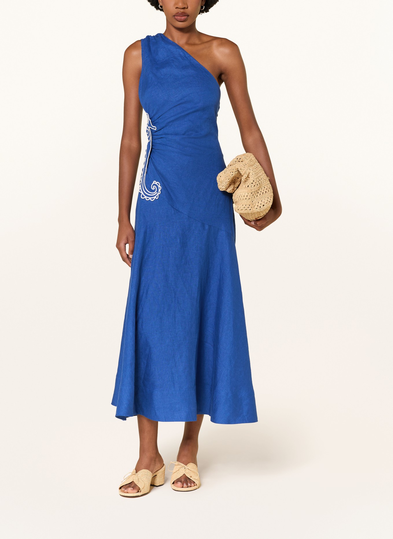 FARM RIO Robe asymétrique en lin: BLEU FONCÉ / BLANC