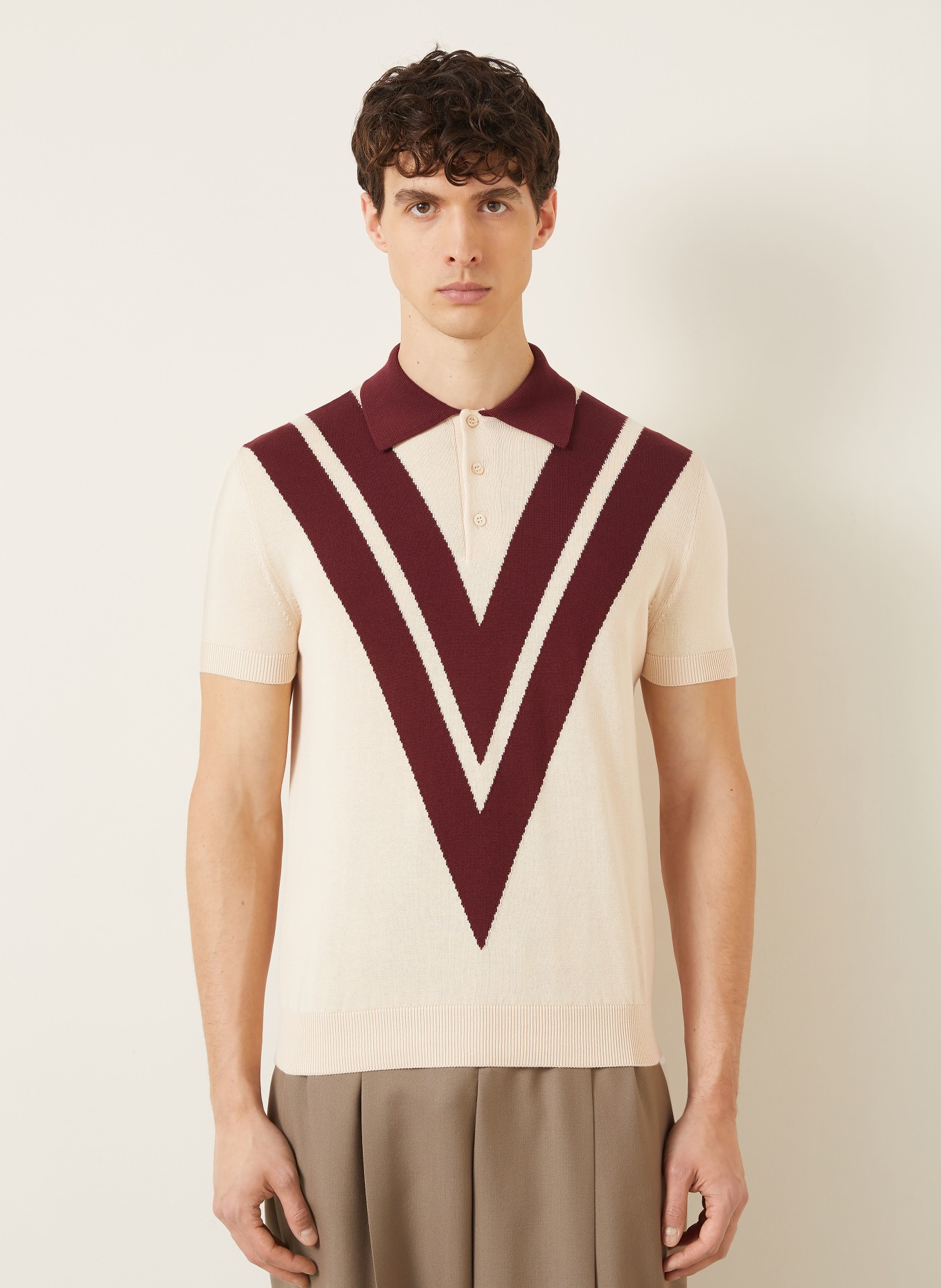 VALENTINO Gebreid poloshirt: CRÈME / DONKERROOD