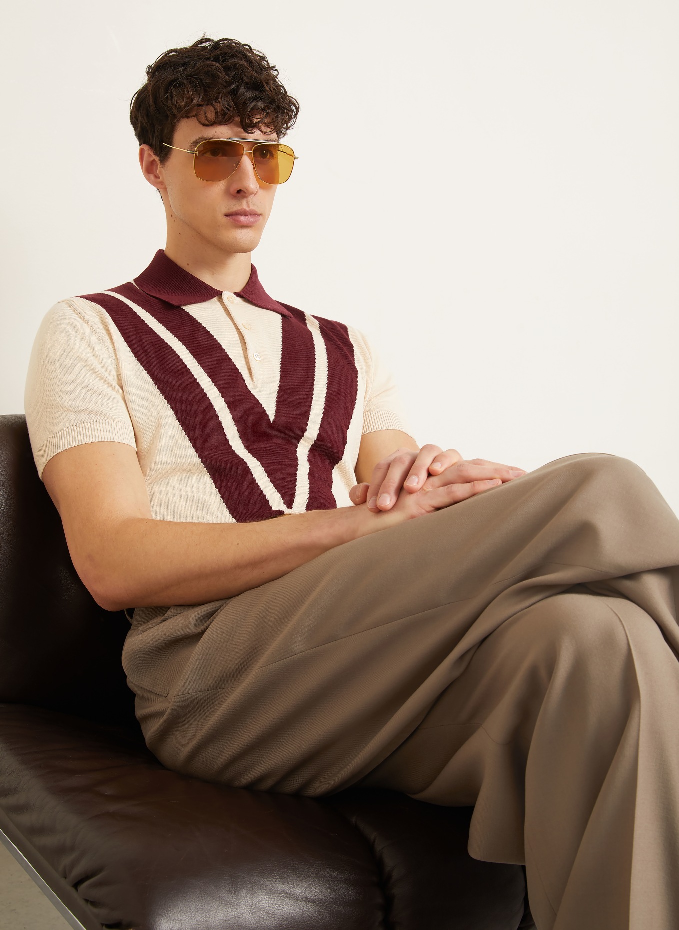 VALENTINO Gebreid poloshirt: CRÈME / DONKERROOD