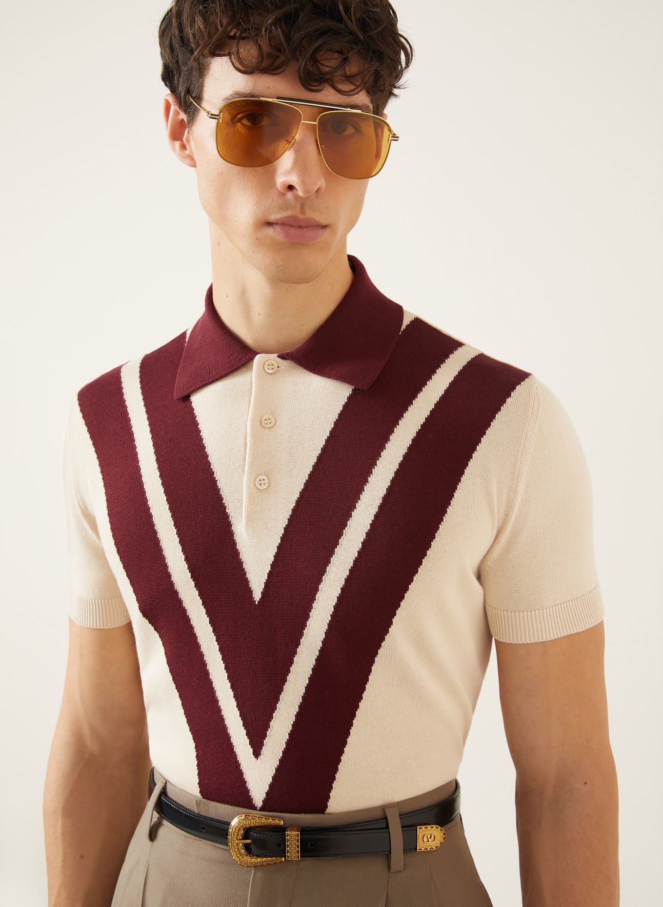 VALENTINO Gebreid poloshirt: CRÈME / DONKERROOD