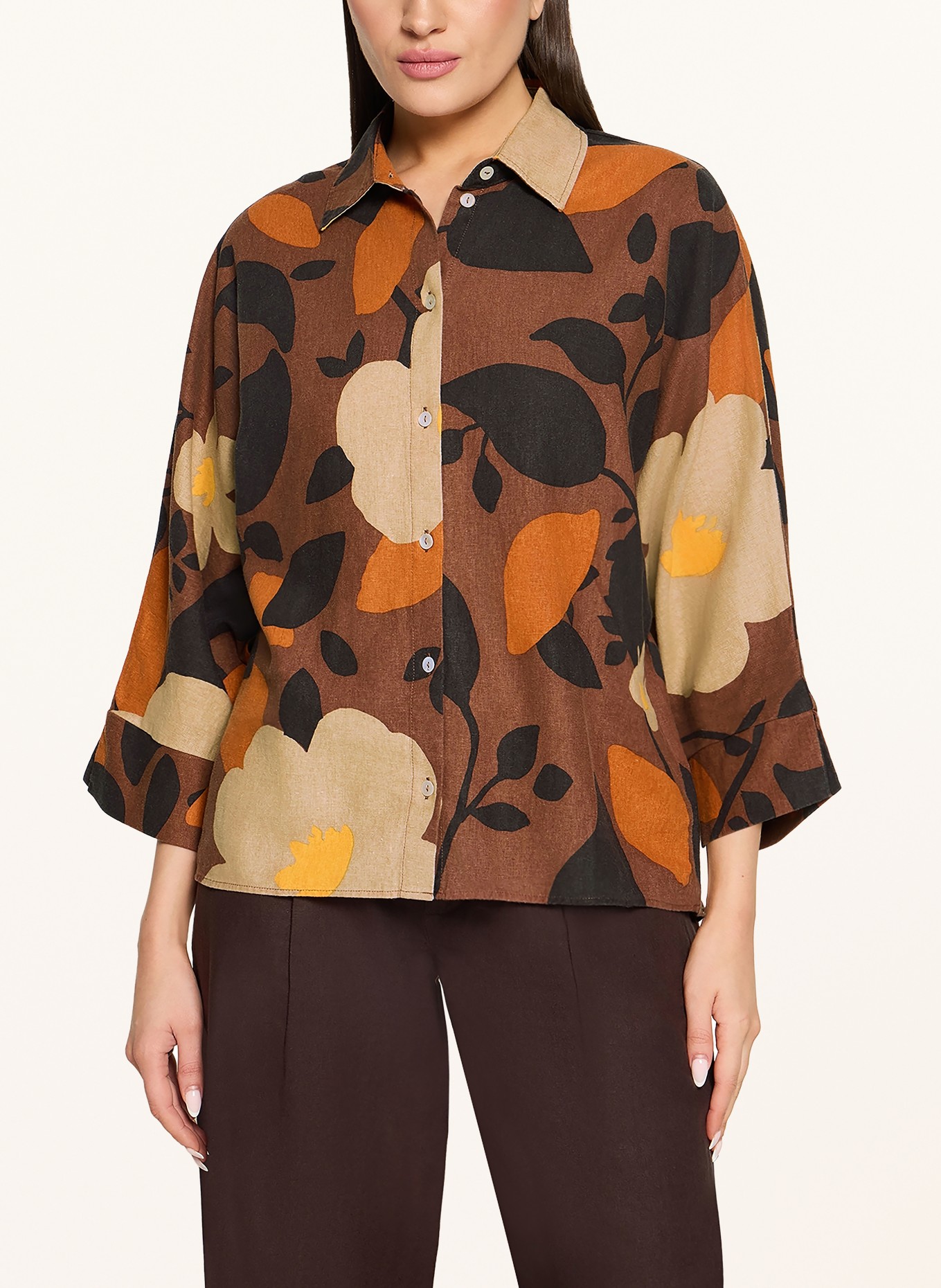 CARTOON Blouse en lin à manches 3/4: MARRON / BEIGE / NOIR