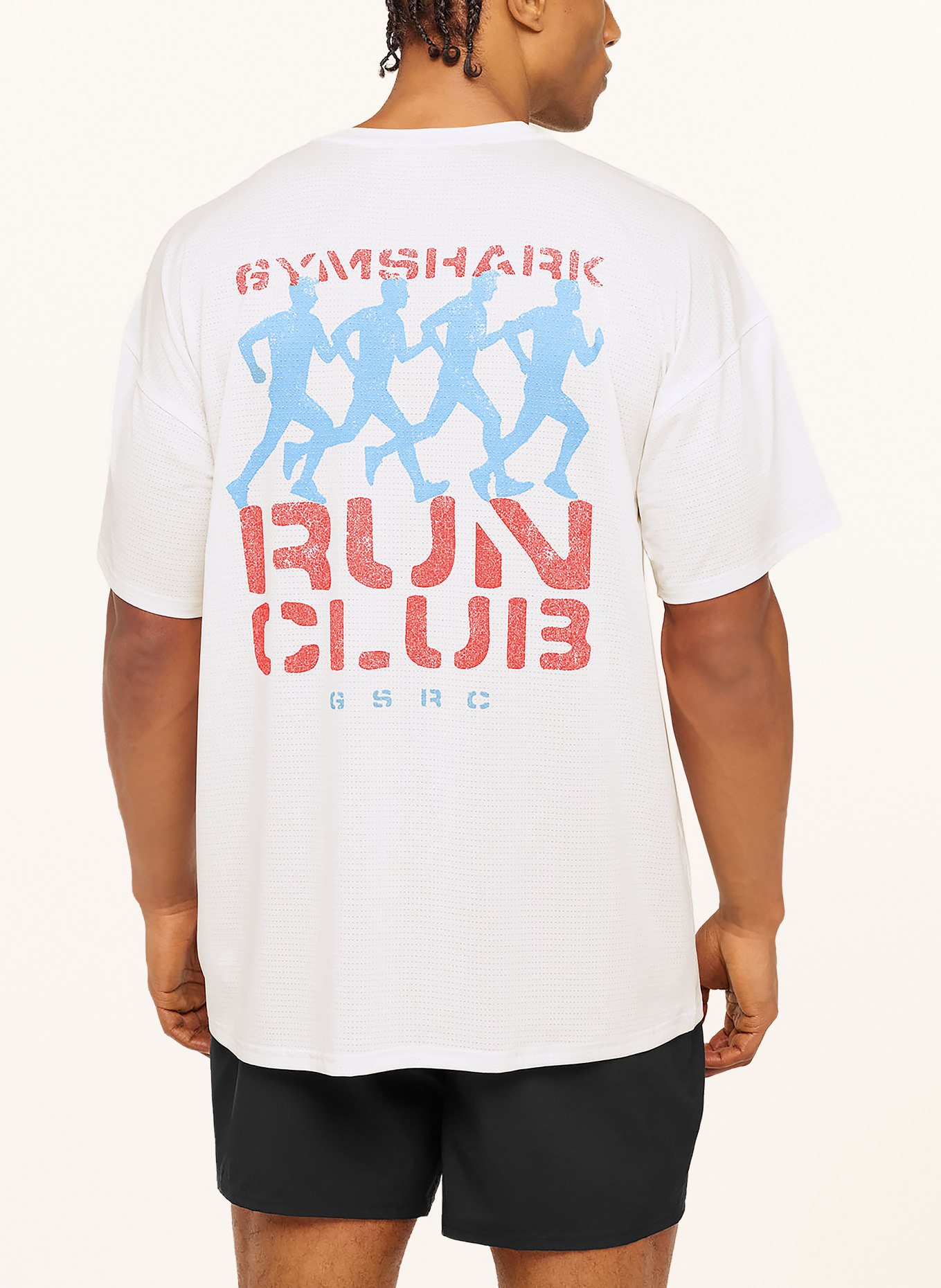 GYMSHARK Oversized-Shirt GSRC STENCIL aus Mesh: WEISS / ROT / BLAU