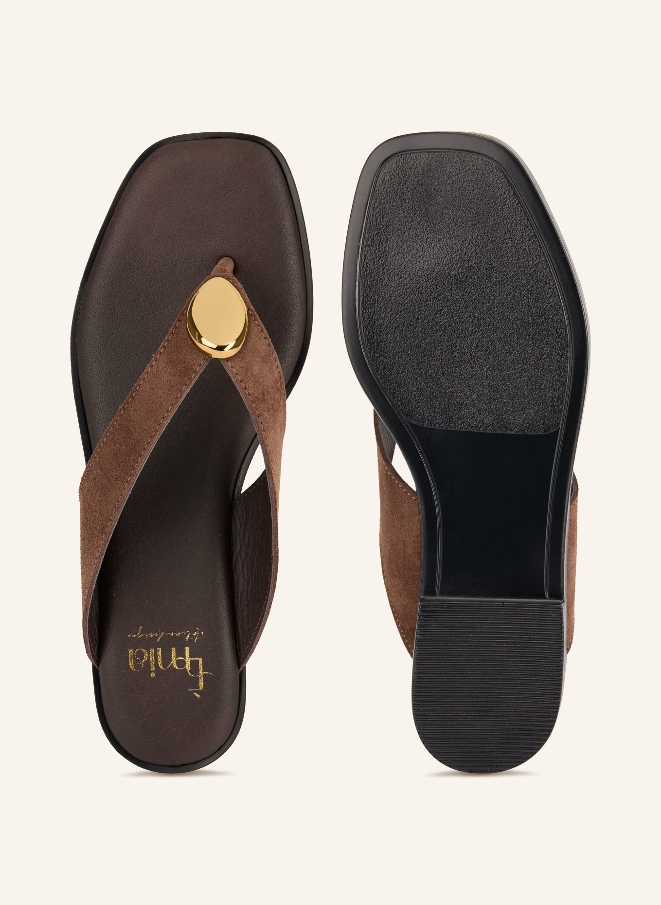 È MIA Toe-separator sandals with gemstones: DARK BROWN / GOLD