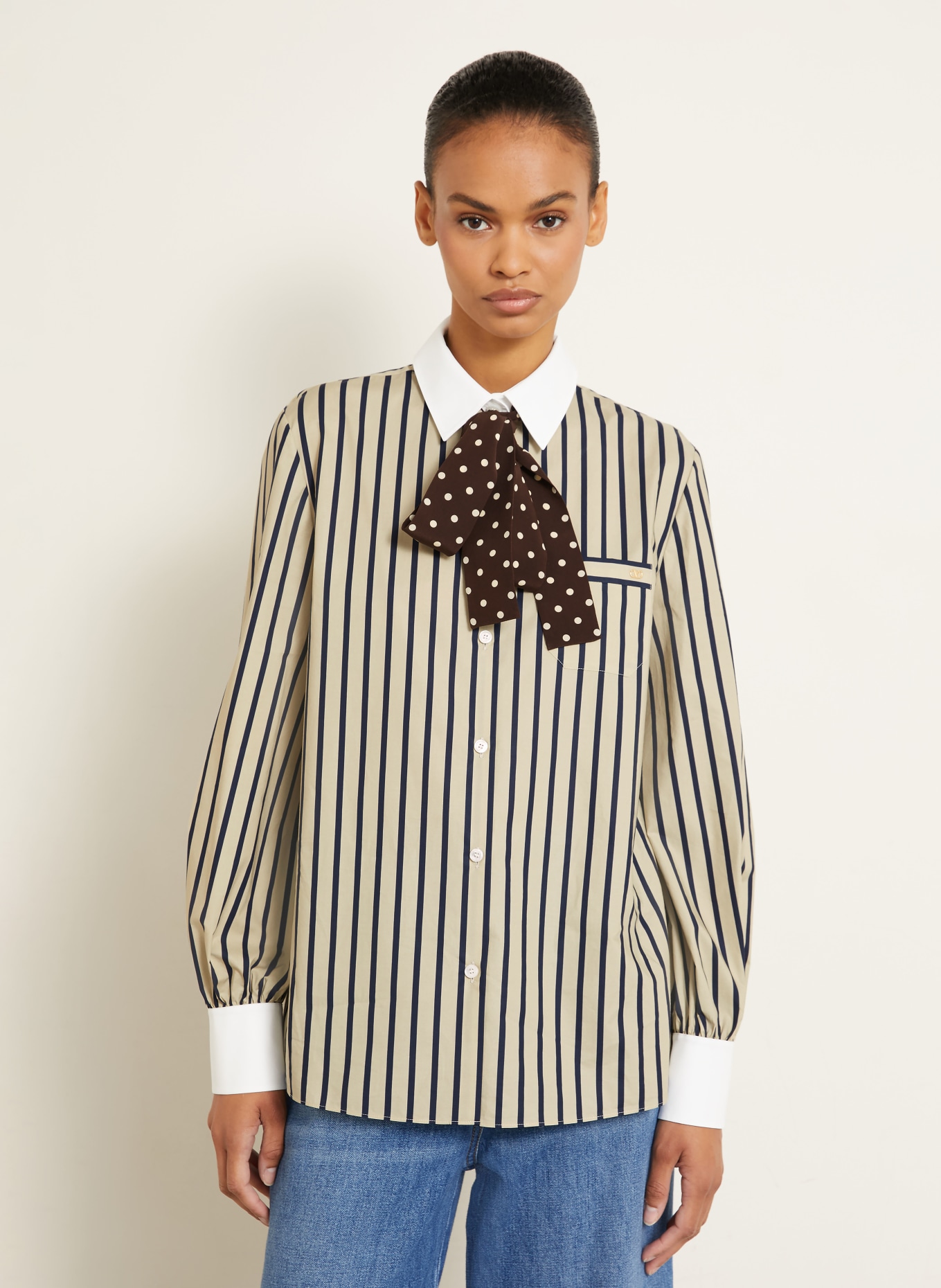 VALENTINO PATTERN shirt blouse with detachable bow tie: BEIGE / DARK BLUE / WHITE