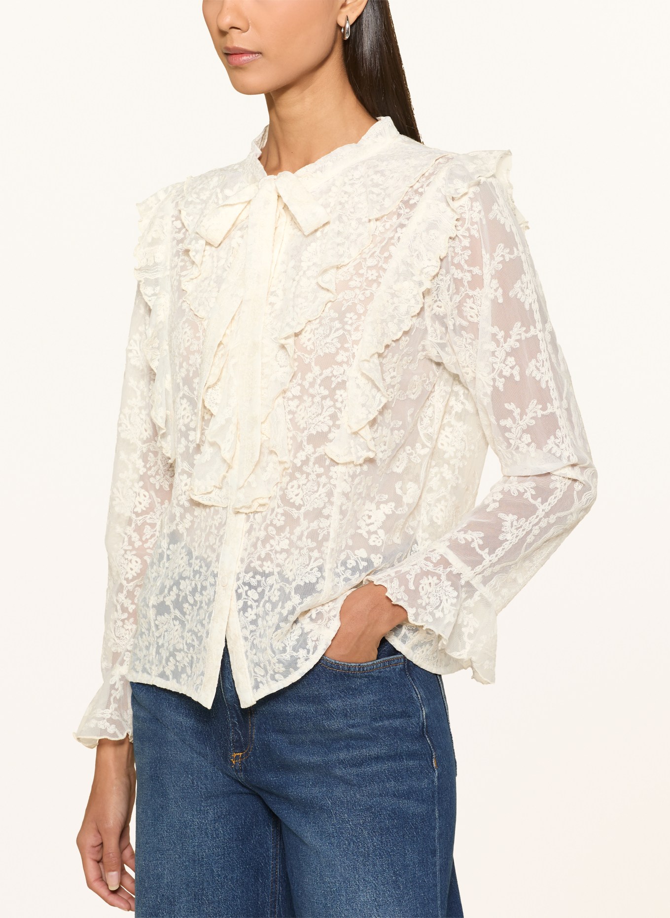 darling harbour Lace bow-tie blouse with flounces: OFFWHITE