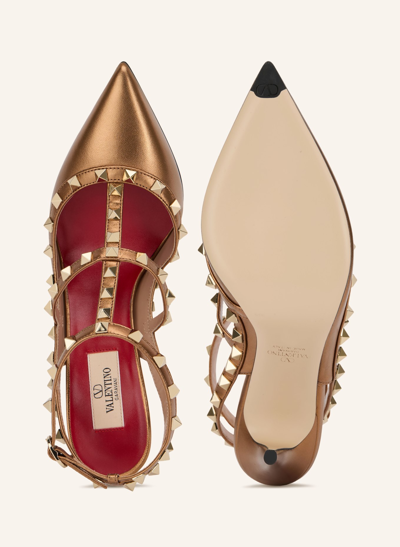 VALENTINO GARAVANI ROCKSTUD slingback pumps with studs: COGNAC / GOLD