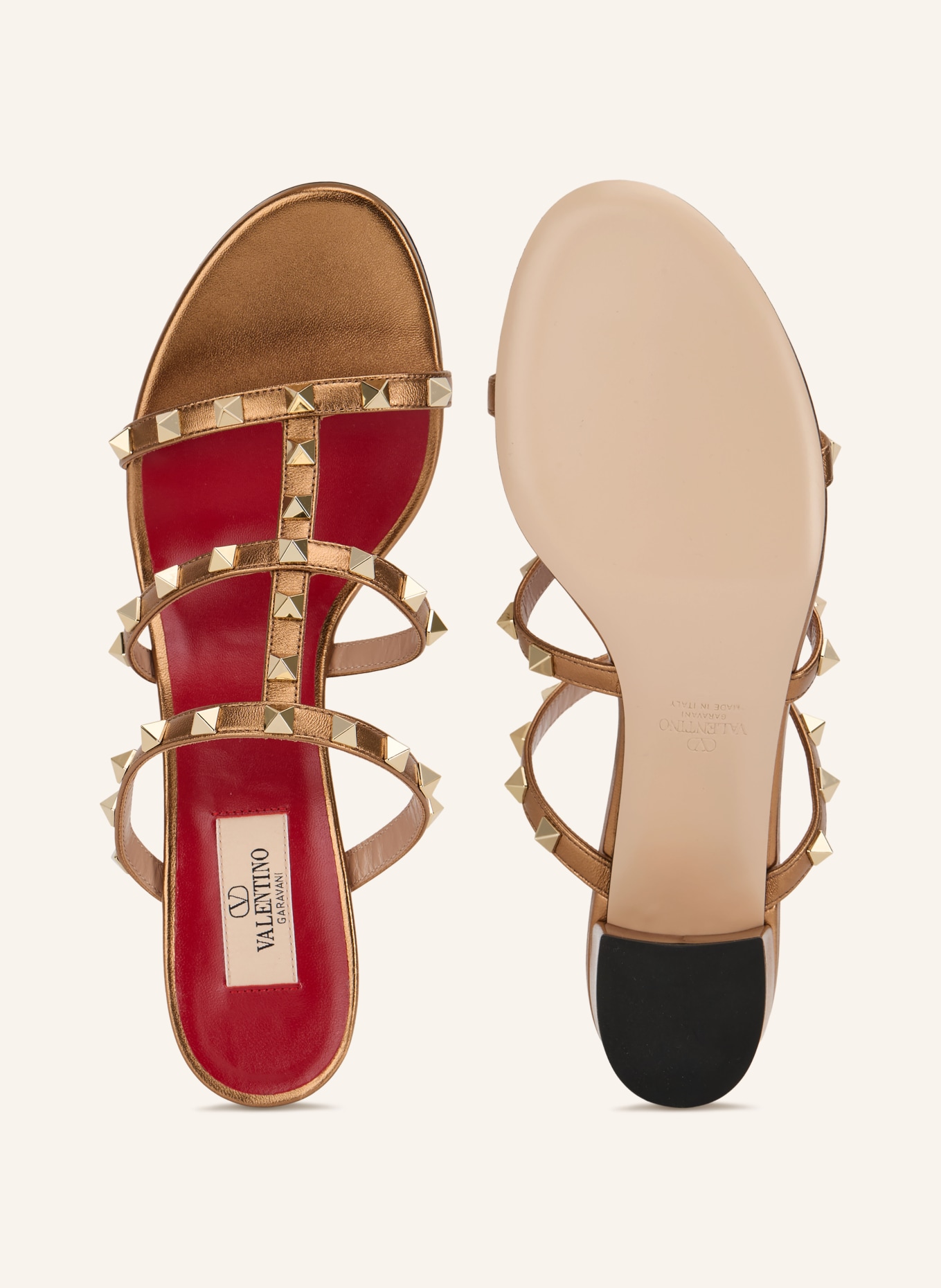 VALENTINO GARAVANI ROCKSTUD mules with studs: COGNAC / GOLD