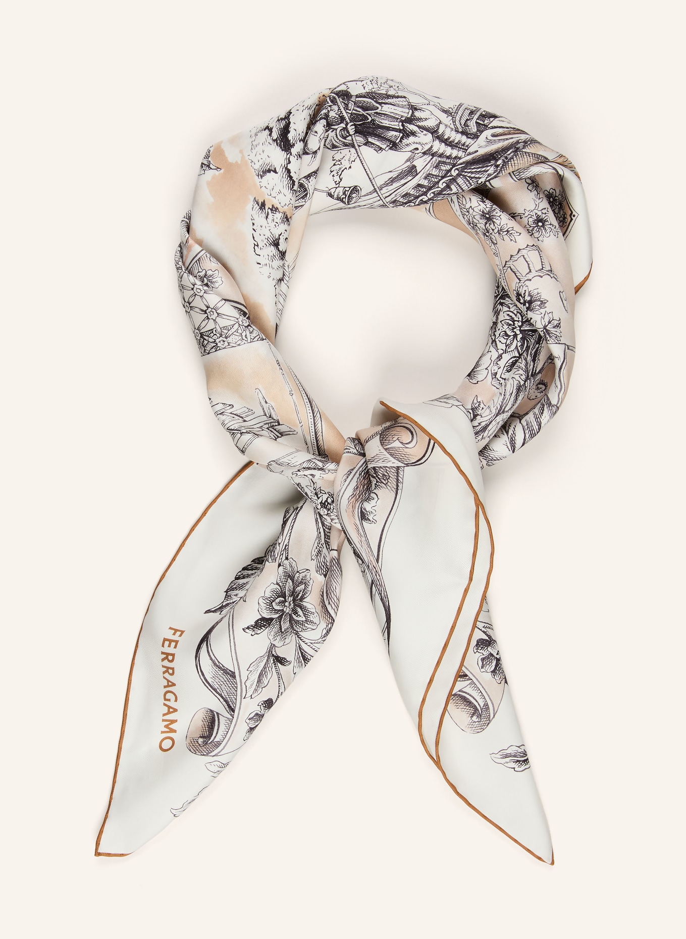FERRAGAMO Seidentuch: BEIGE / COGNAC / SCHWARZ