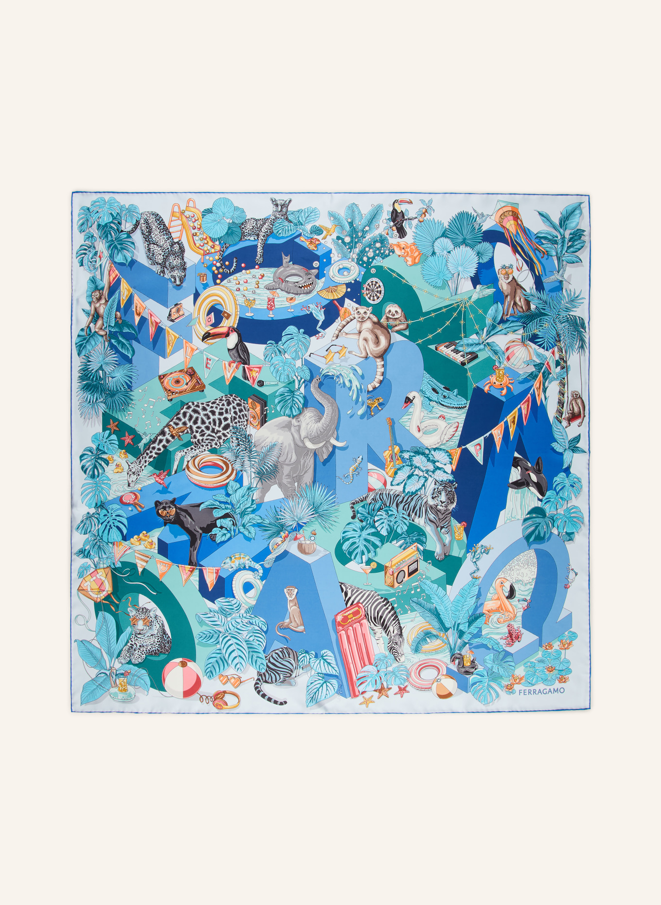FERRAGAMO Silk scarf: BLUE GRAY / TURQUOISE / LIGHT BLUE