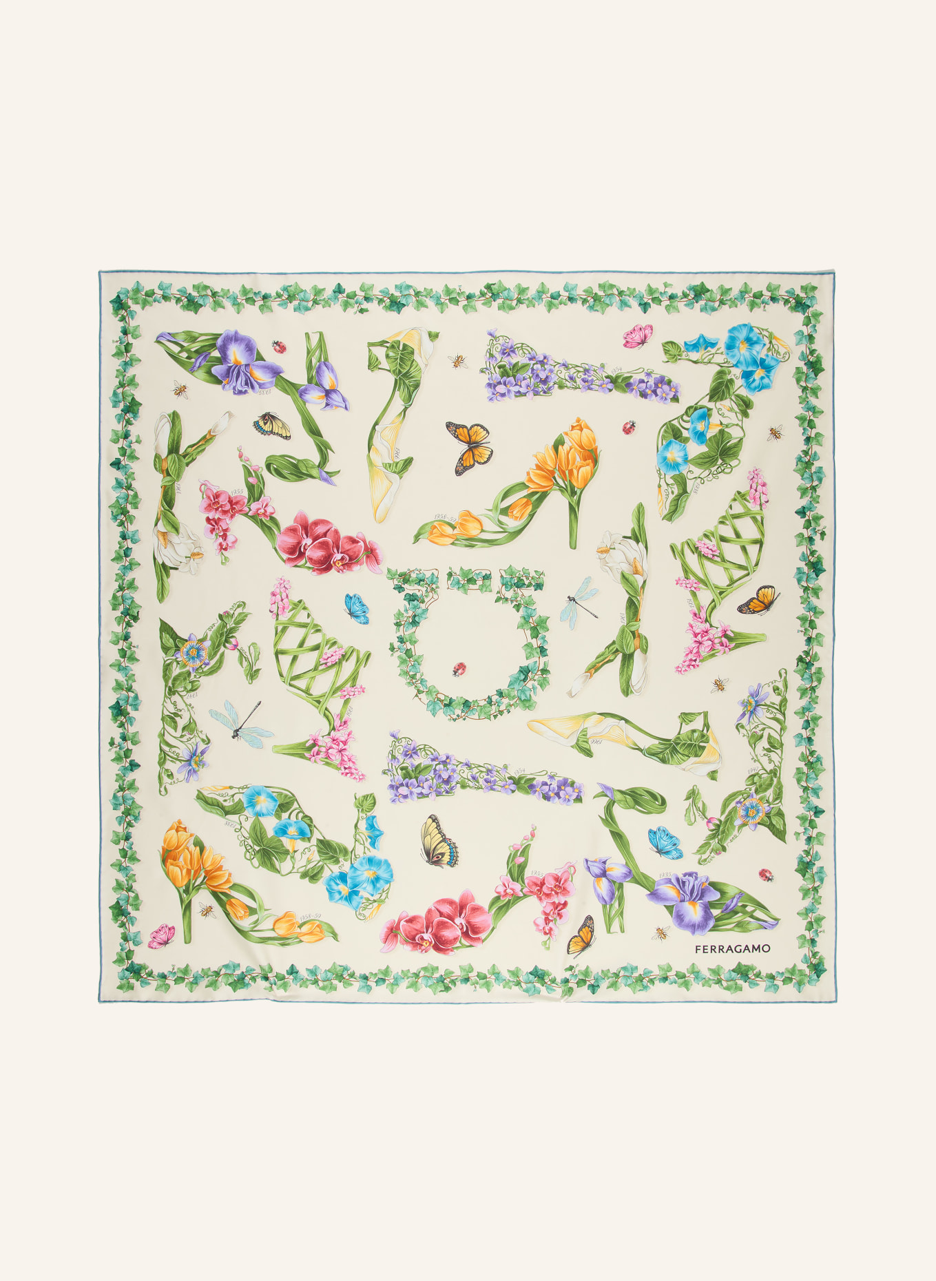 FERRAGAMO Silk scarf: GREEN / ECRU / PURPLE