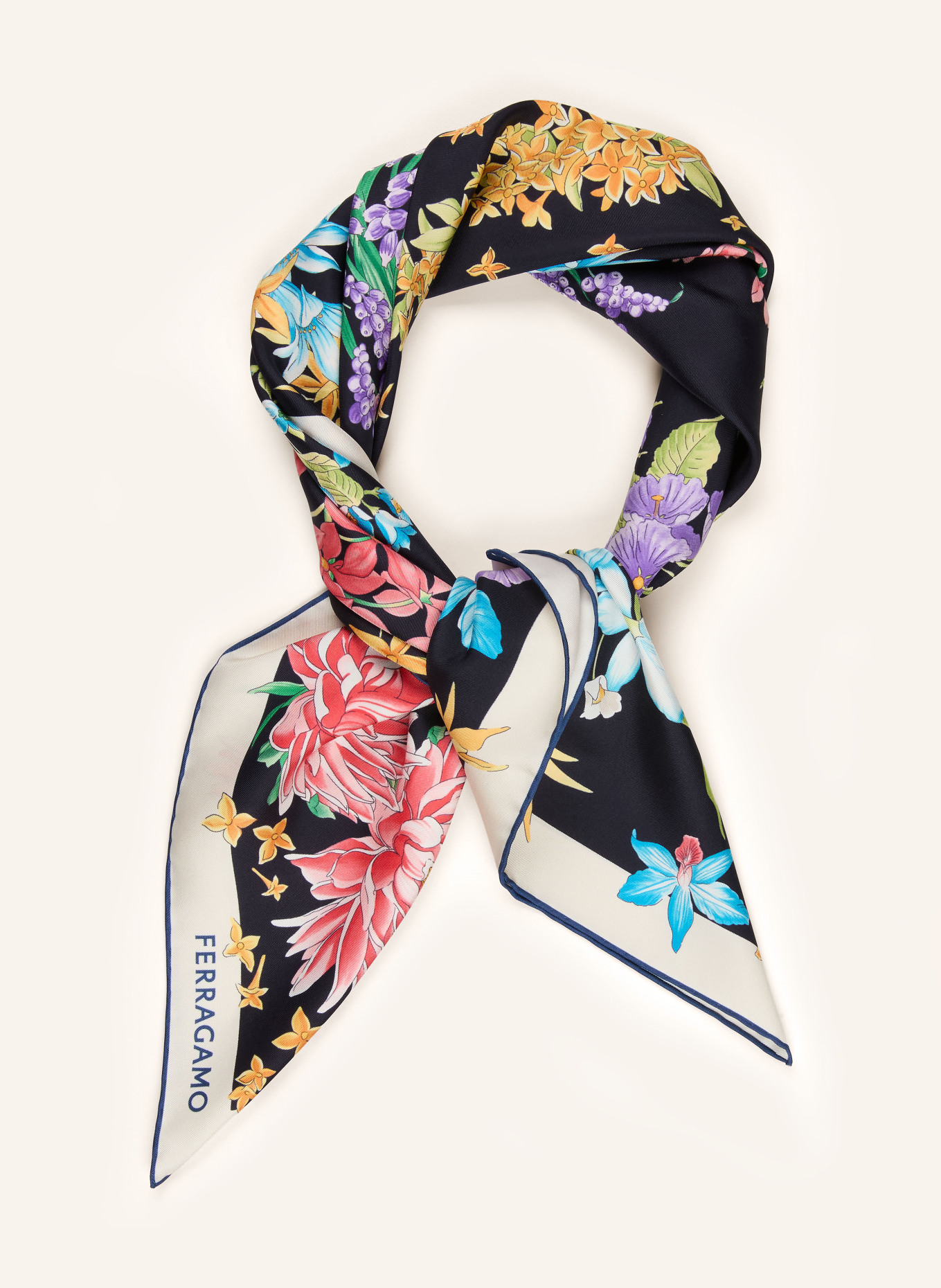 FERRAGAMO Seidentuch: SCHWARZ / ECRU / HELLROT