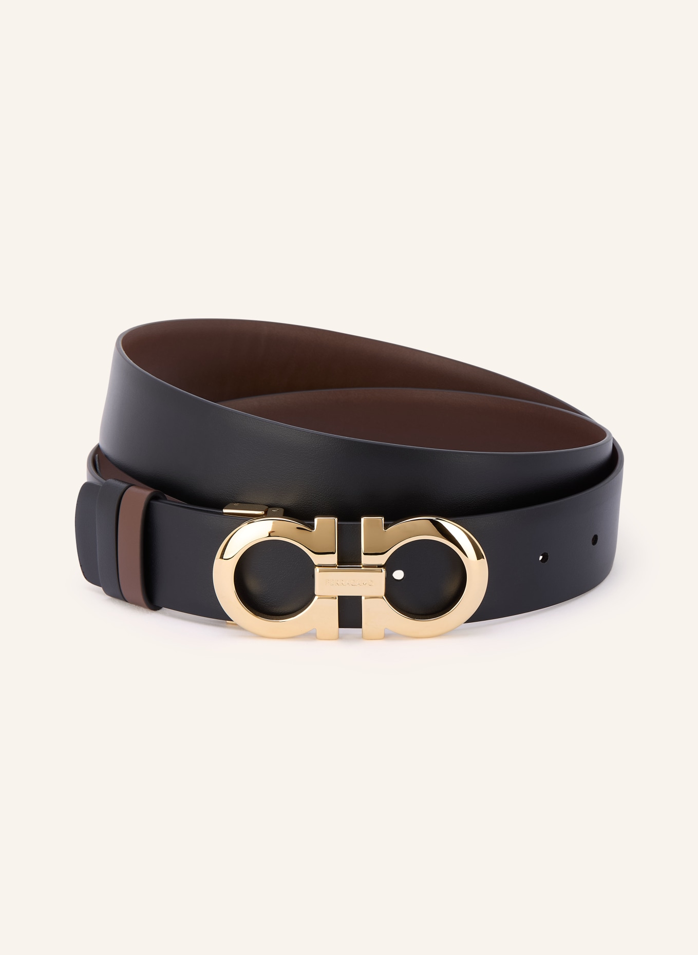 FERRAGAMO Omkeerbare leren riem: MARRON FONCÉ / GOUD / ZWART