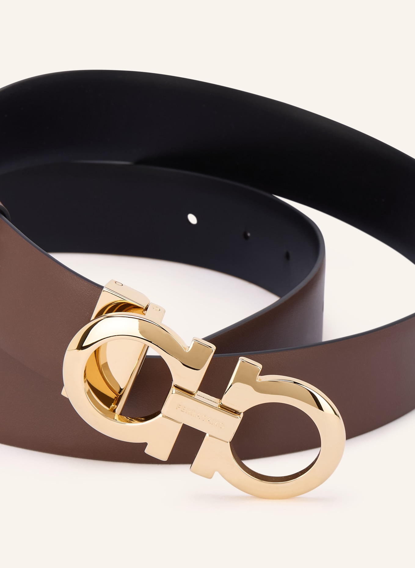 FERRAGAMO Omkeerbare leren riem: MARRON FONCÉ / GOUD / ZWART