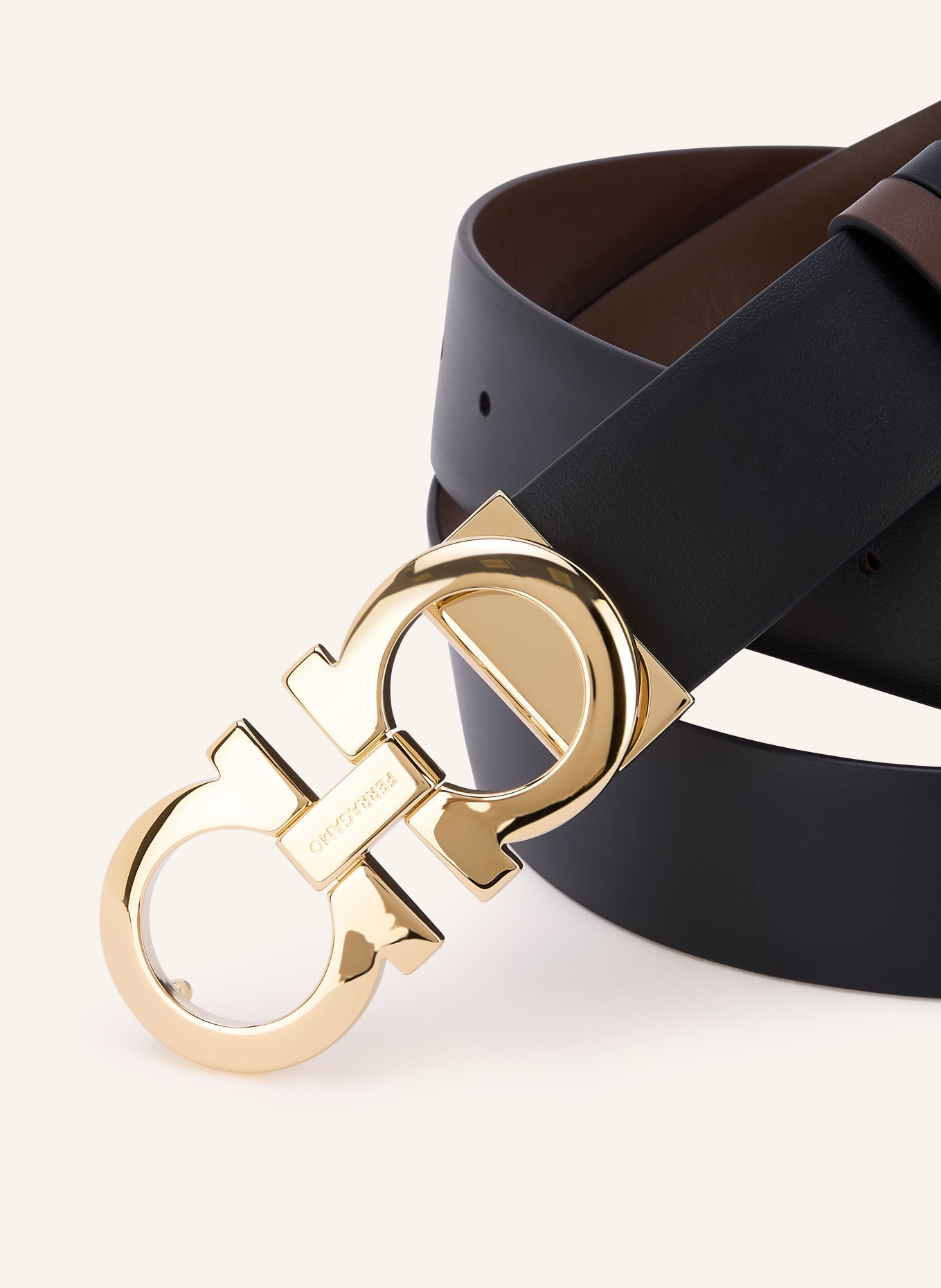 FERRAGAMO Omkeerbare leren riem: MARRON FONCÉ / GOUD / ZWART