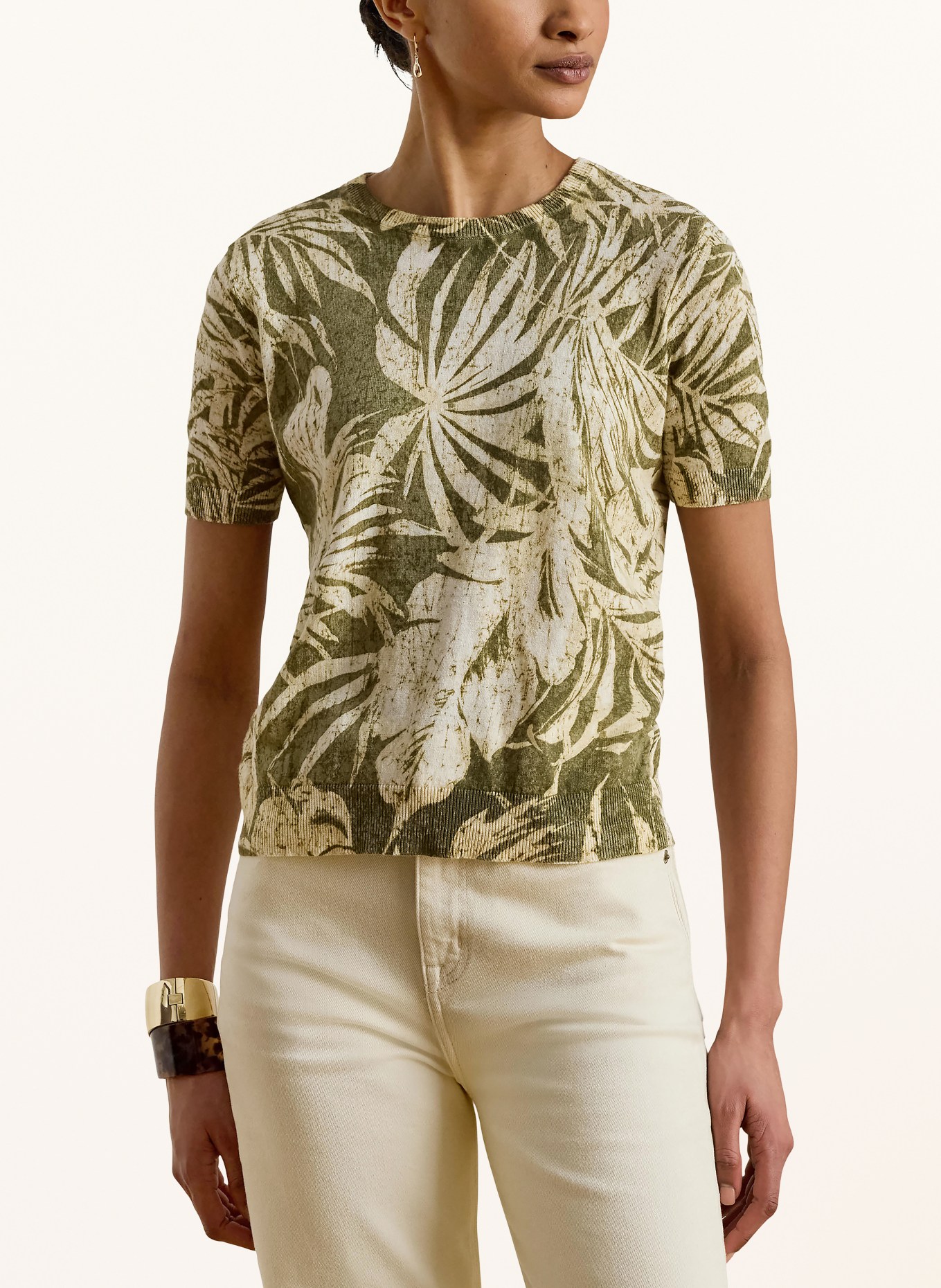 LAUREN RALPH LAUREN Pletené tričko s lnem: SVĚTLE ZELENÁ / TMAVĚ ŽLUTÁ / KHAKI