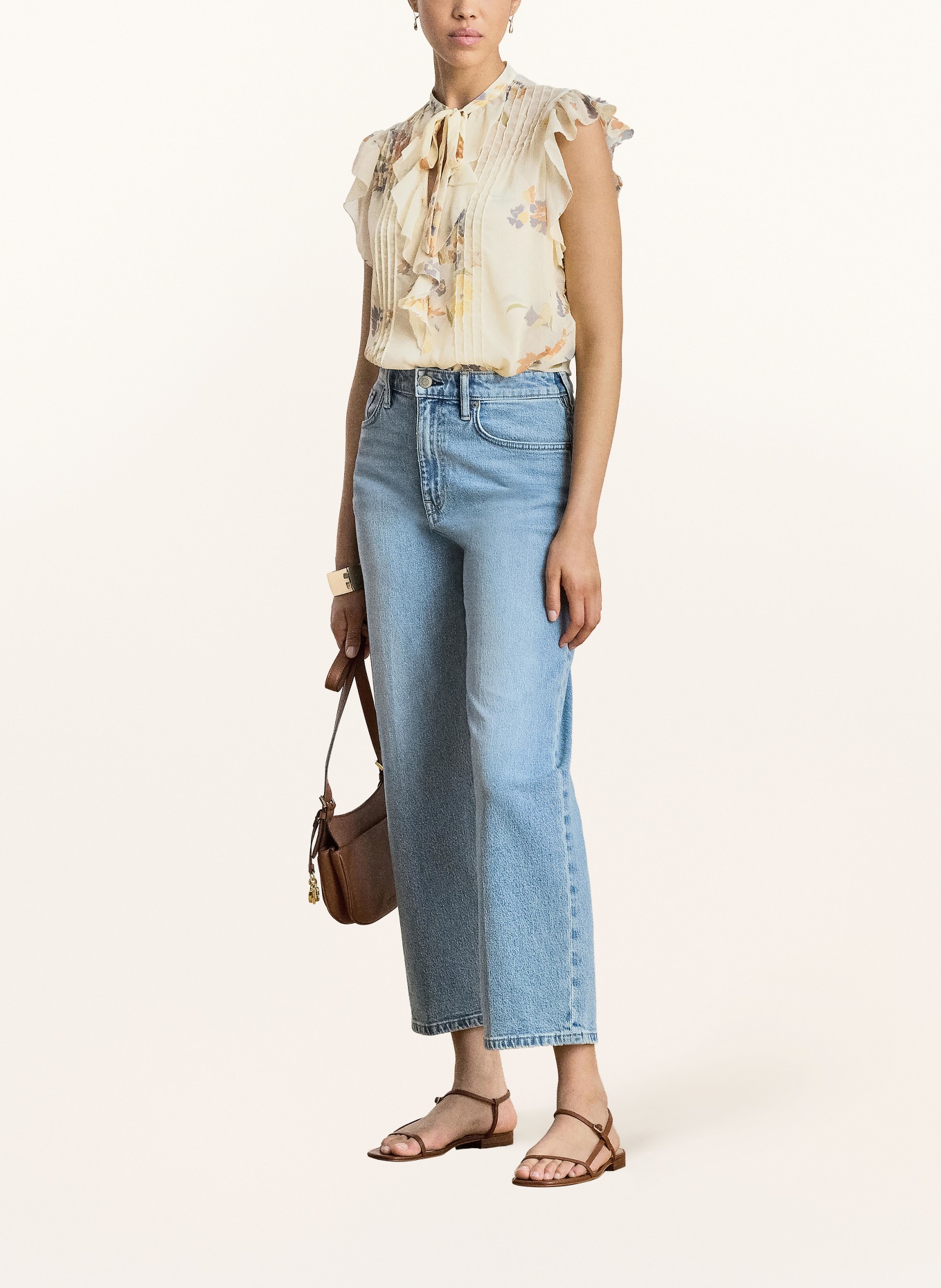 LAUREN RALPH LAUREN Blusentop mit Volants: HELLGELB / BLAUGRAU / HELLORANGE