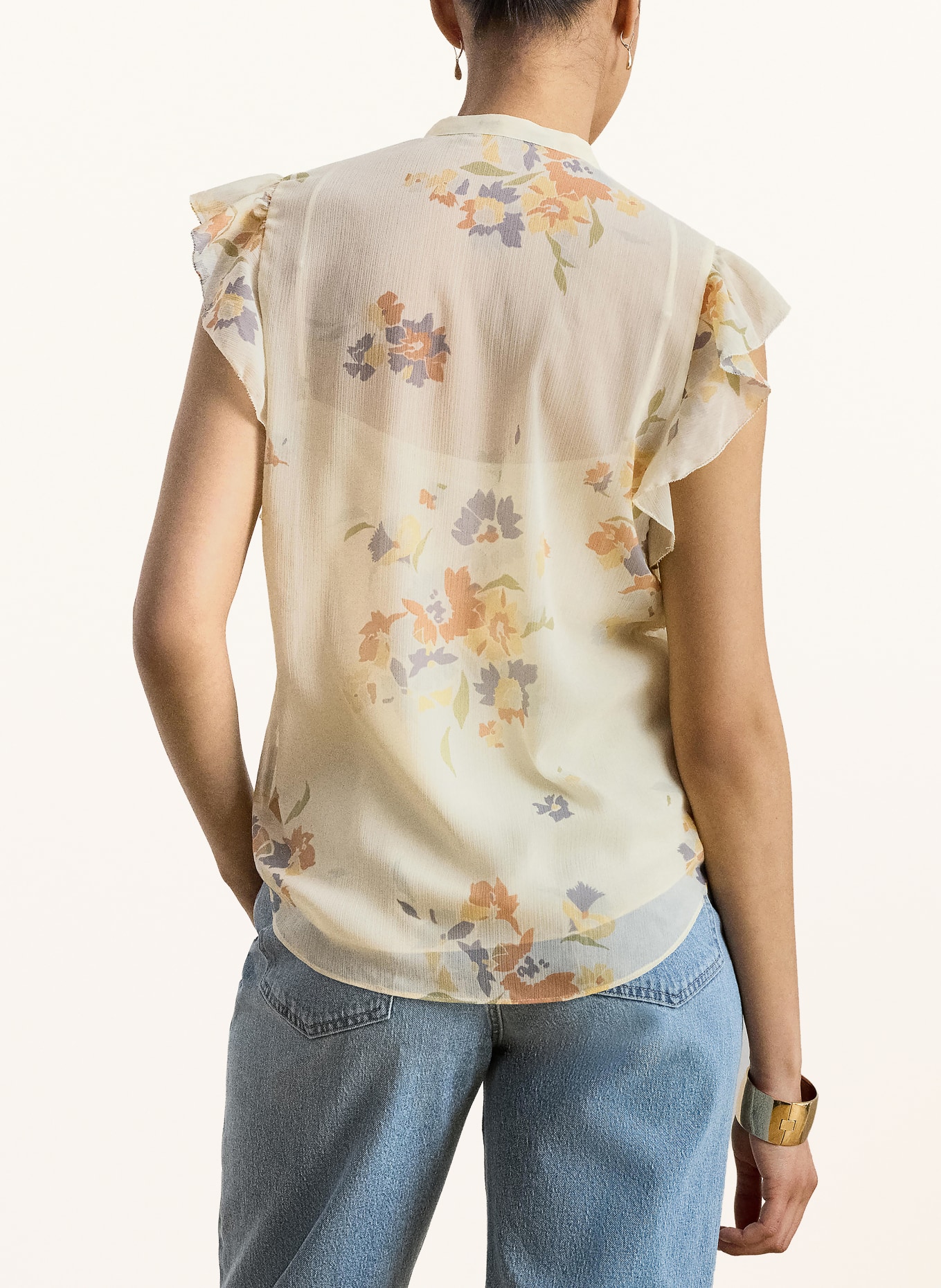LAUREN RALPH LAUREN Blusentop mit Volants: HELLGELB / BLAUGRAU / HELLORANGE