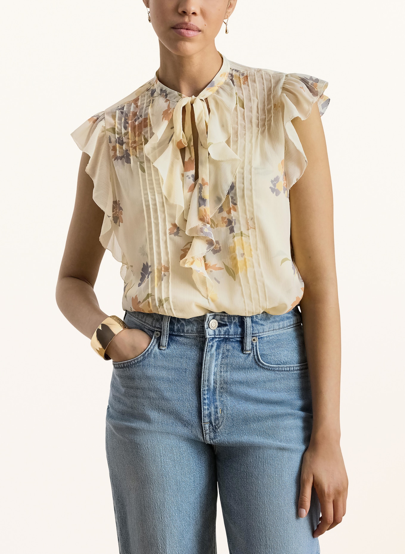 LAUREN RALPH LAUREN Blusentop mit Volants: HELLGELB / BLAUGRAU / HELLORANGE