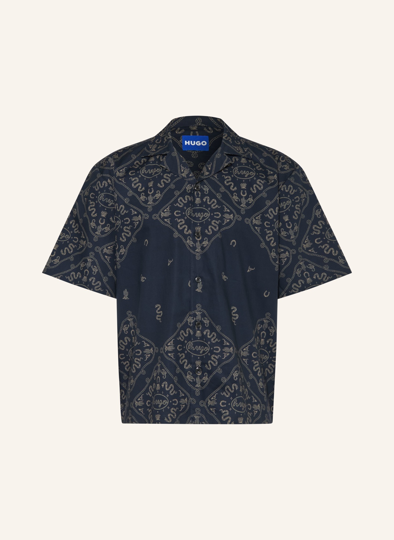 HUGO ELIGINO Comfort Fit Resort Shirt: DARK BLUE / LIGHT BROWN