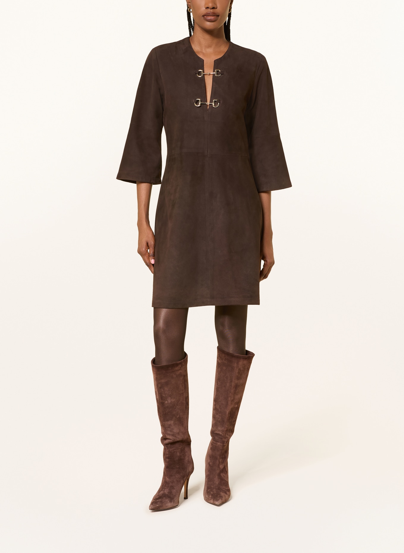 SEM PER LEI Lederkleid mit 3/4-Arm: DUNKELBRAUN