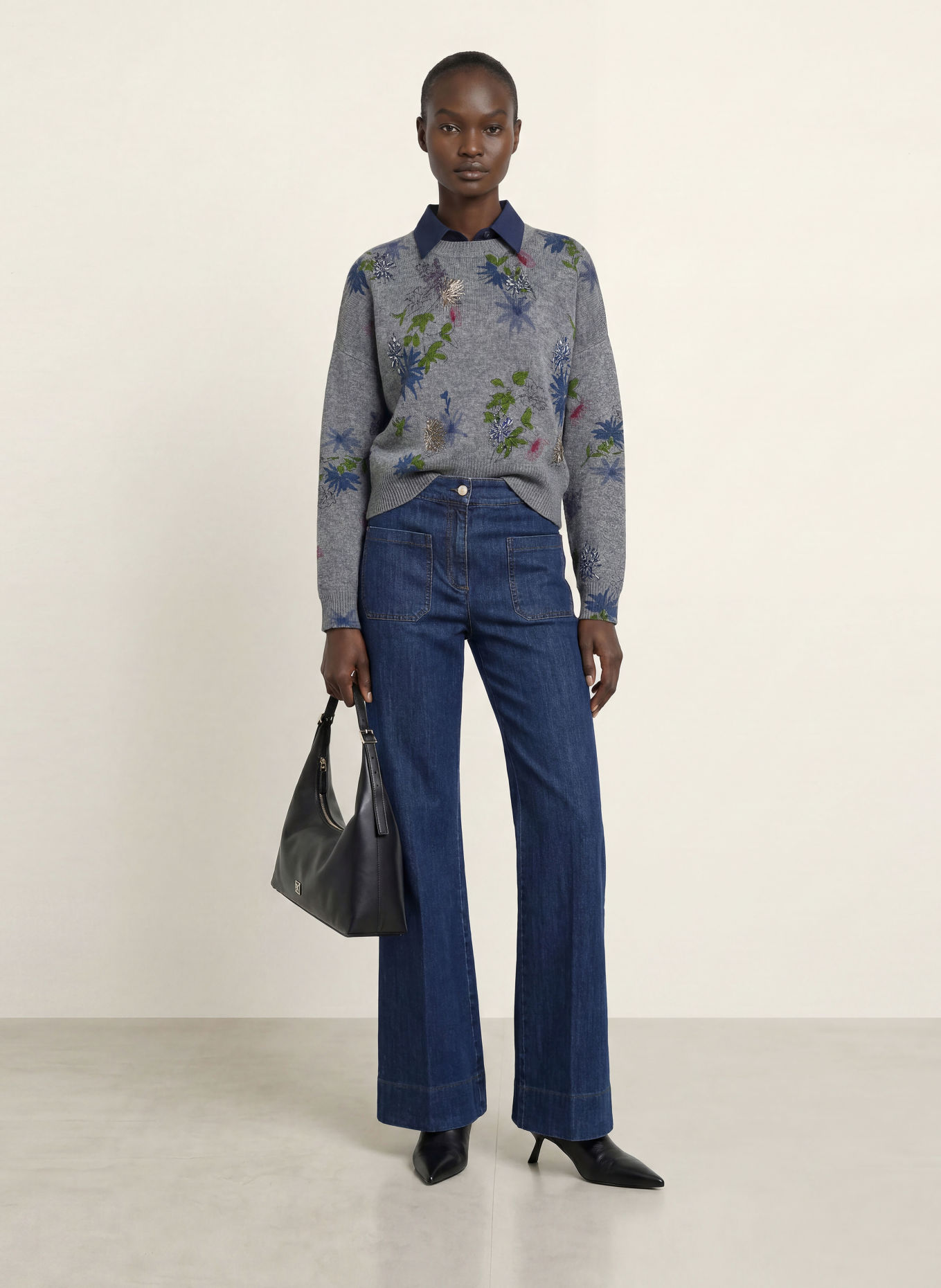 SEM PER LEI Sweater with gemstones: DARK GRAY / DARK GREEN / DARK BLUE