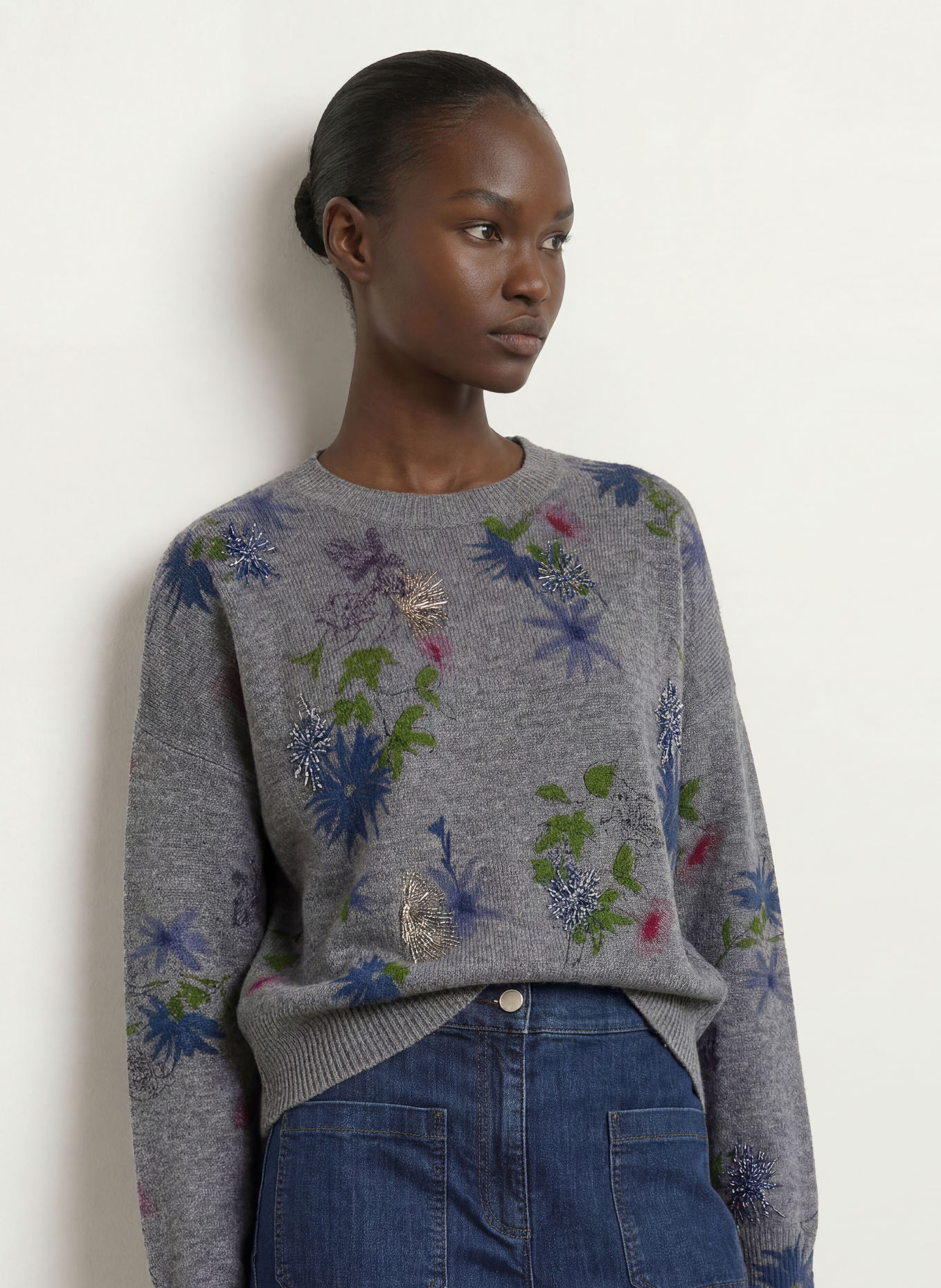 SEM PER LEI Sweater with gemstones: DARK GRAY / DARK GREEN / DARK BLUE