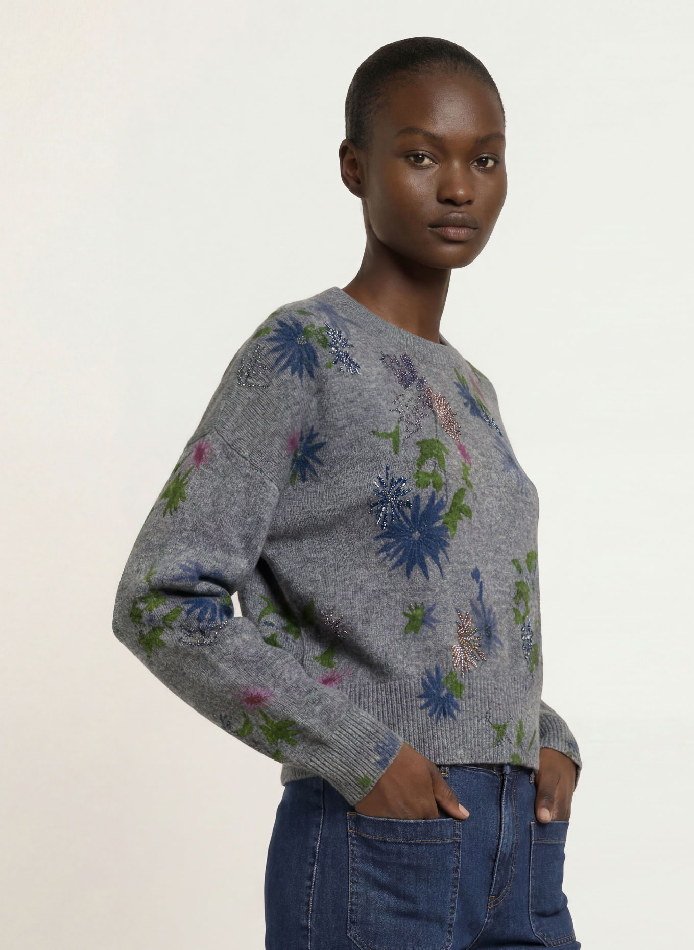 SEM PER LEI Sweater with gemstones: DARK GRAY / DARK GREEN / DARK BLUE