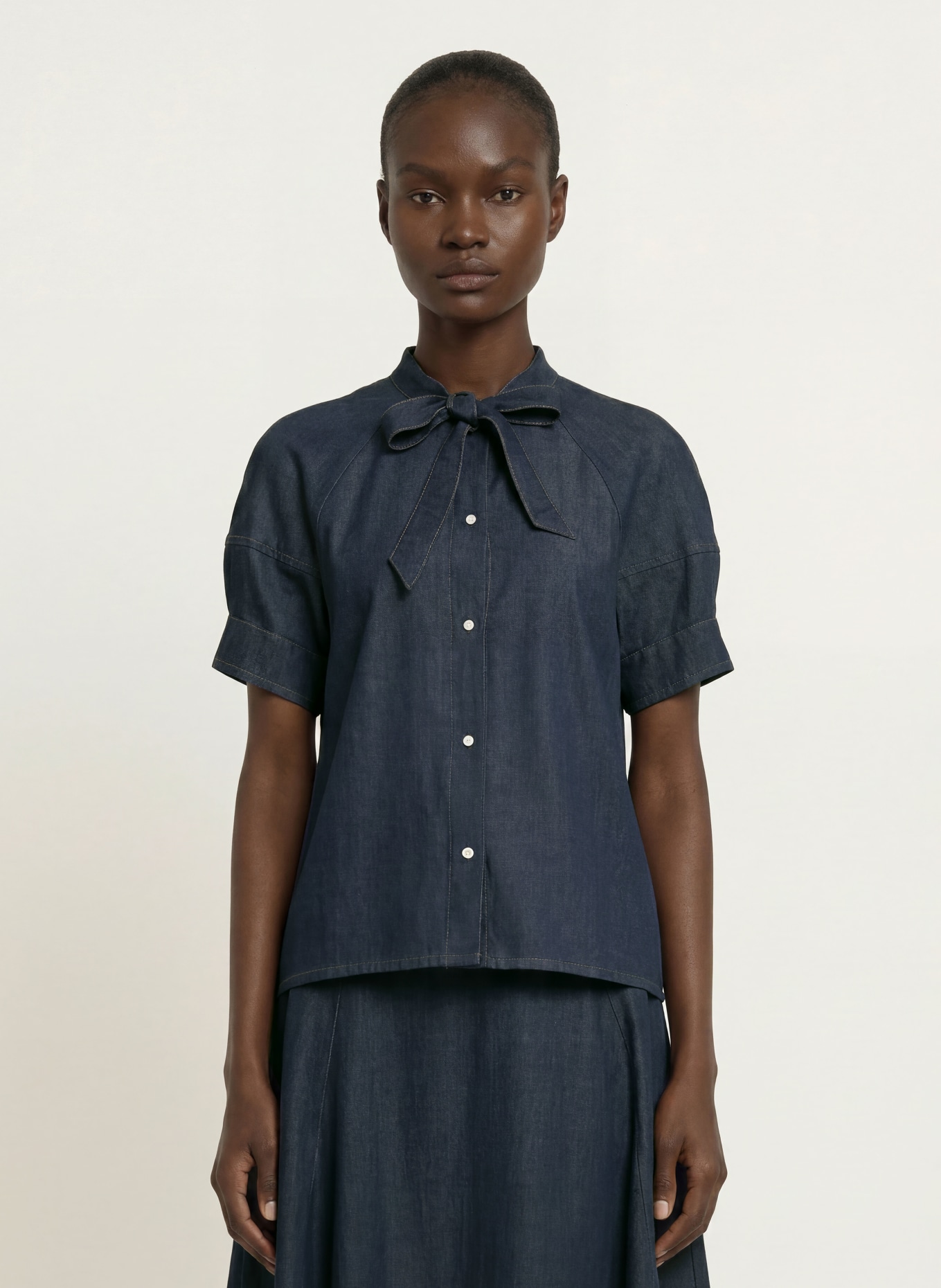 SEM PER LEI Jeansblouse met strik: DONKERBLAUW