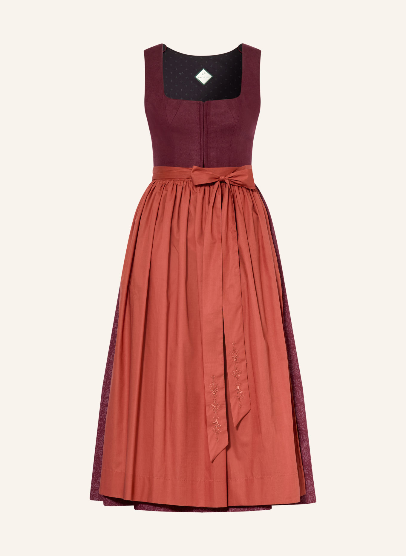 WALDORFF Dirndl LISA van linnen: DONKERROOD / COGNAC / LICHTROOD